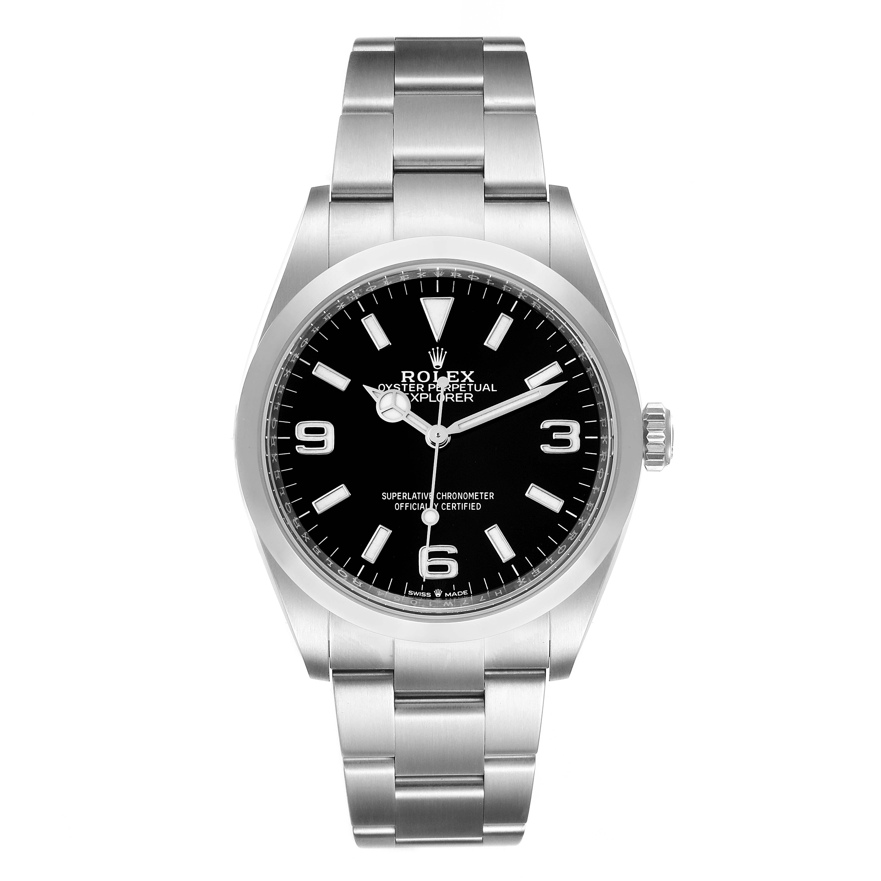 The image shows a front view of the Rolex Explorer 124270 Men's Stainless Steel Black Dial 124270 Men's Stainless Steel Black Dial watch, displaying its face, bezel, and bracelet.