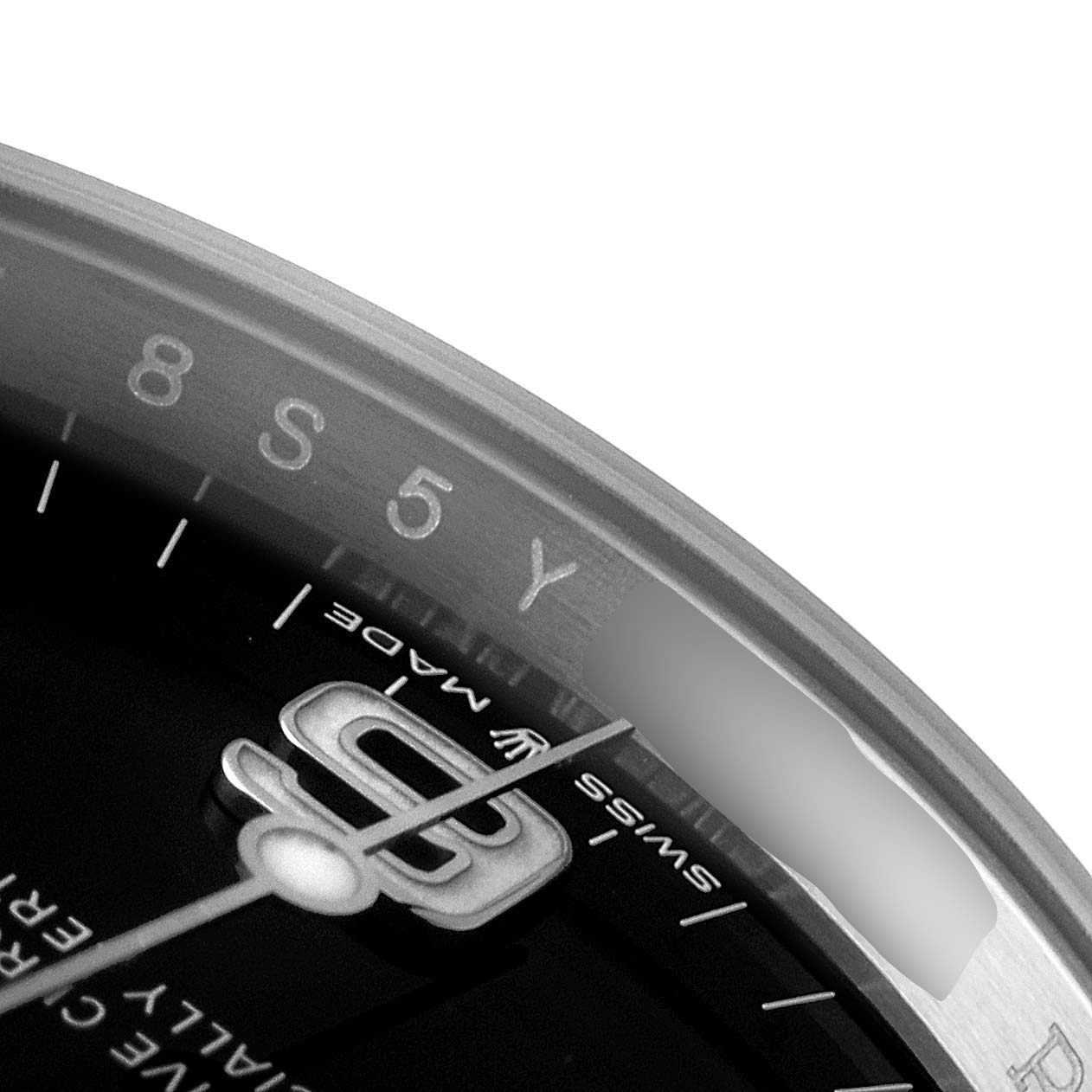 The image shows a close-up angle of the dial and bezel of a Rolex Explorer 124270 Men's Stainless Steel Black Dial 124270 Men's Stainless Steel Black Dial watch.