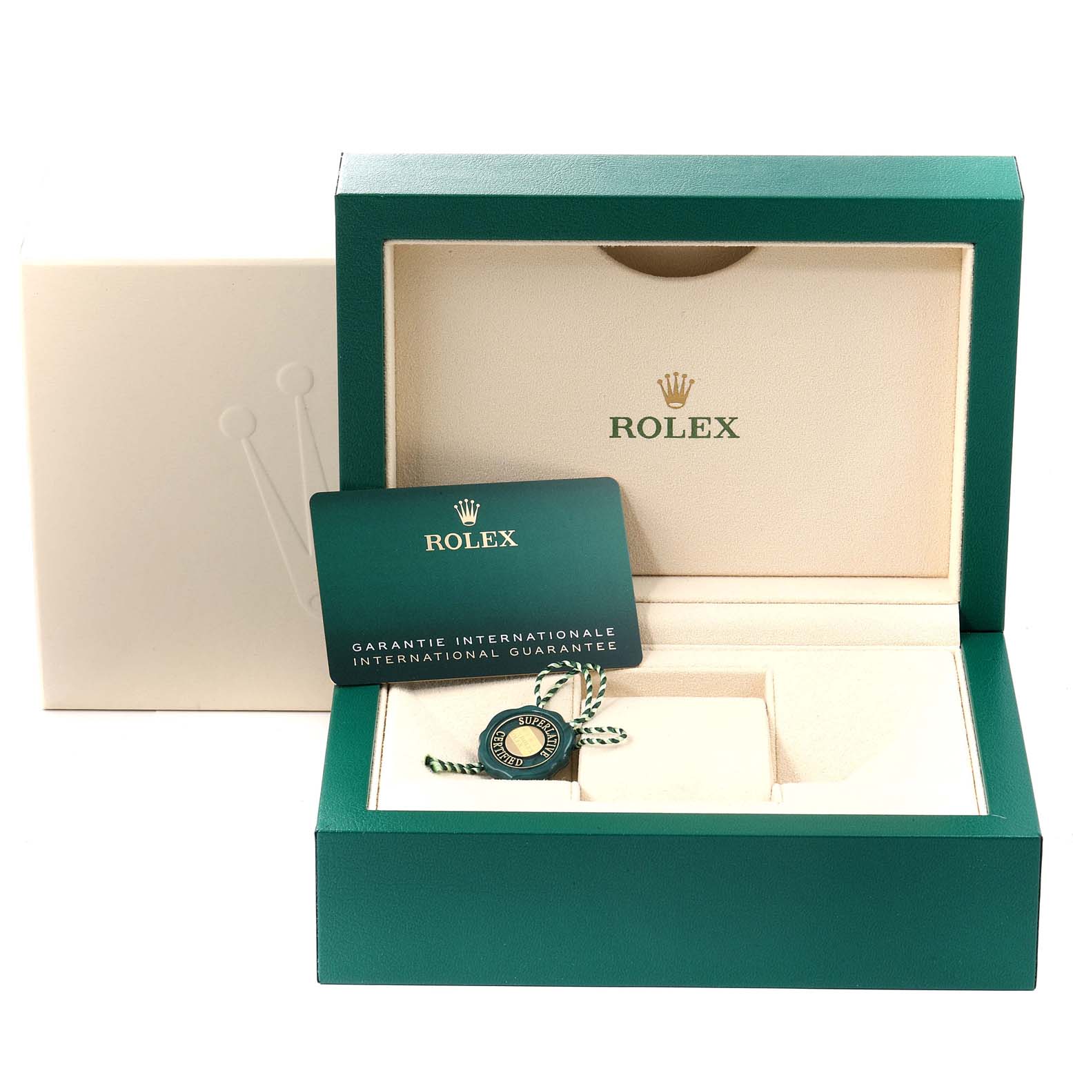 The image shows the packaging, international guarantee card, and accessories box for the Rolex Explorer 124270 Men
s Stainless Steel Black Dial 124270 Men
s Stainless Steel Black Dial model.