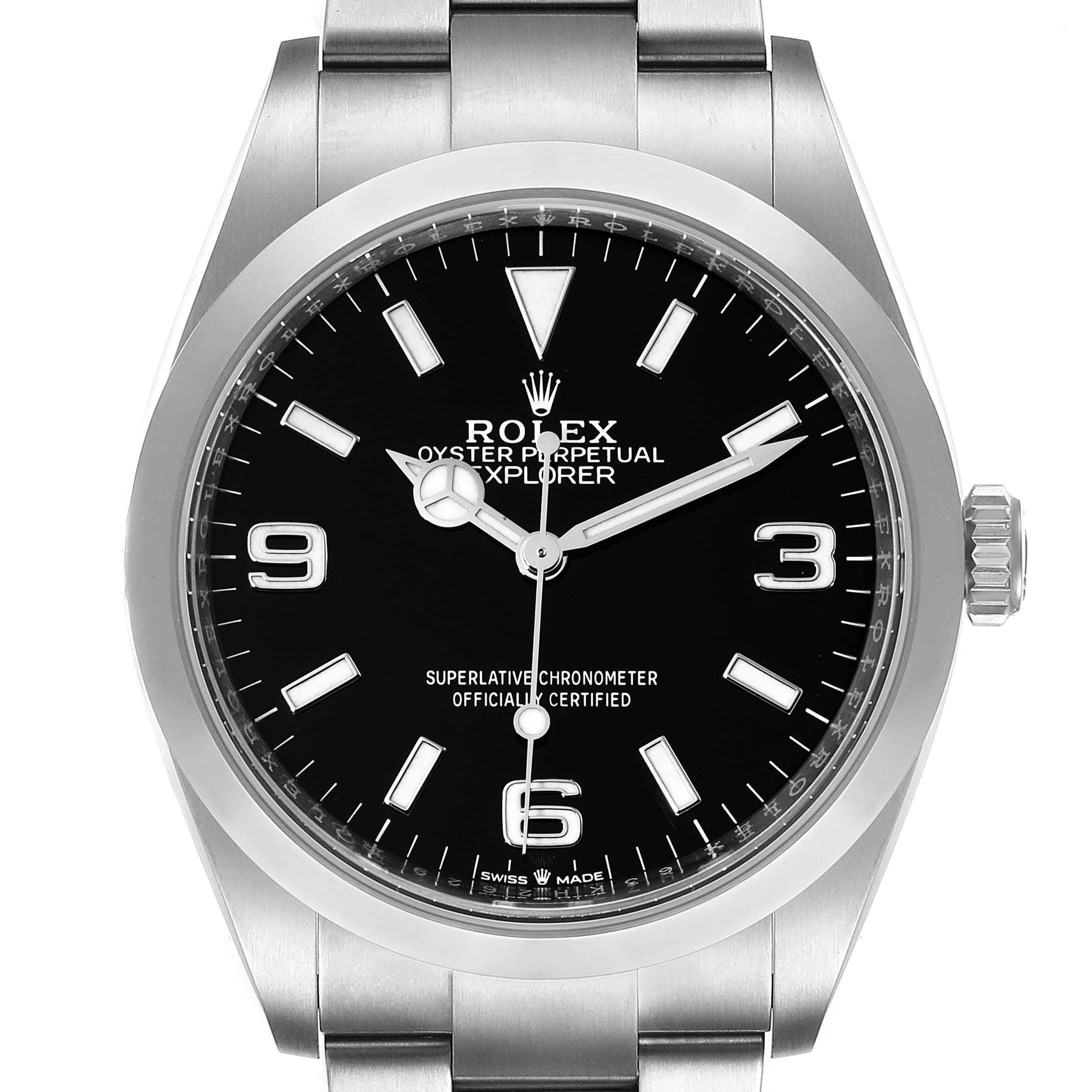 This image shows a front view of the Rolex Explorer 124270 Men
s Stainless Steel Black Dial 124270 Men
s Stainless Steel Black Dial watch, displaying the dial, hands, crown, and part of the bracelet.