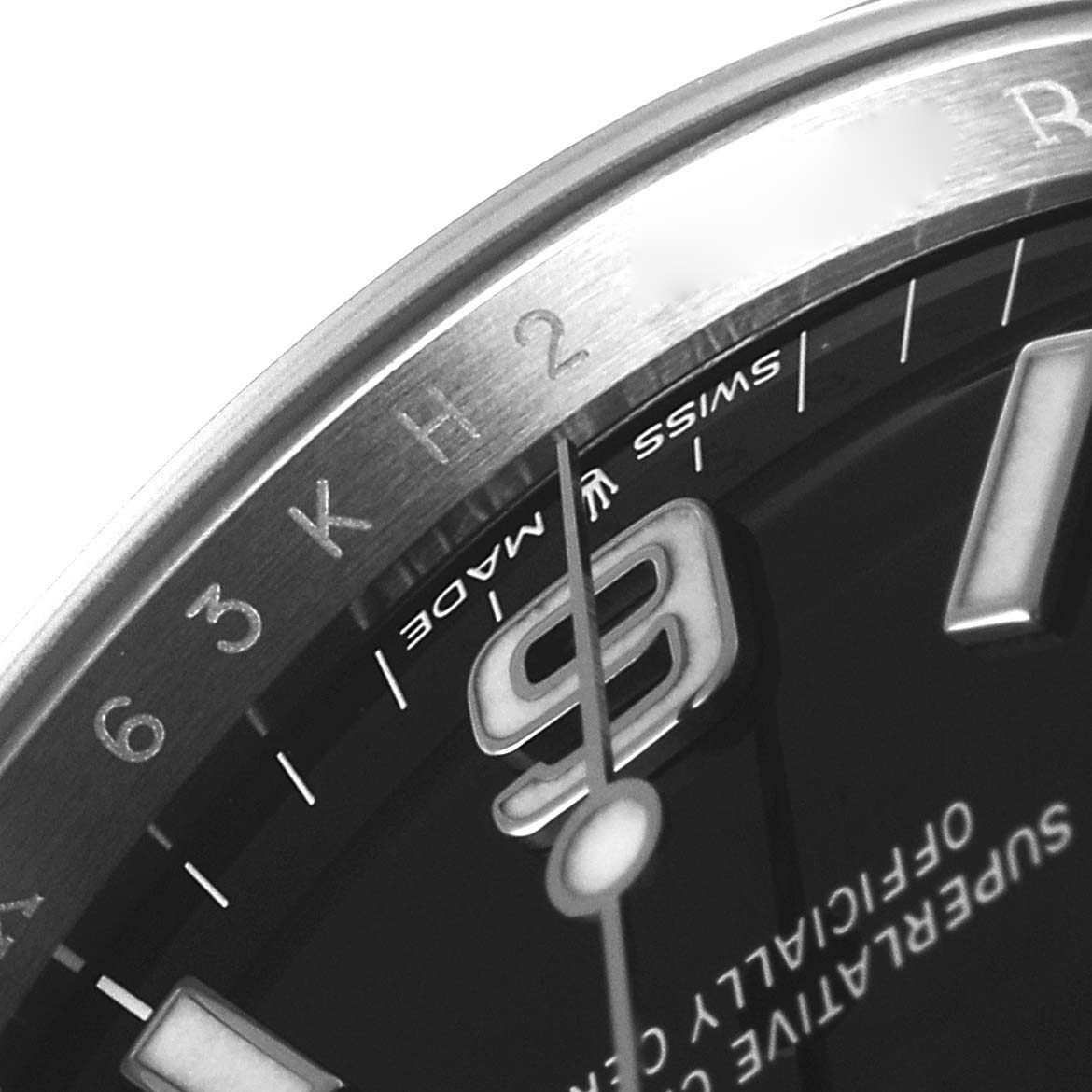 This image shows a close-up view of the dial, bezel, and hands of the Rolex Explorer 124270 Men
s Stainless Steel Black Dial 124270 Men
s Stainless Steel Black Dial watch.