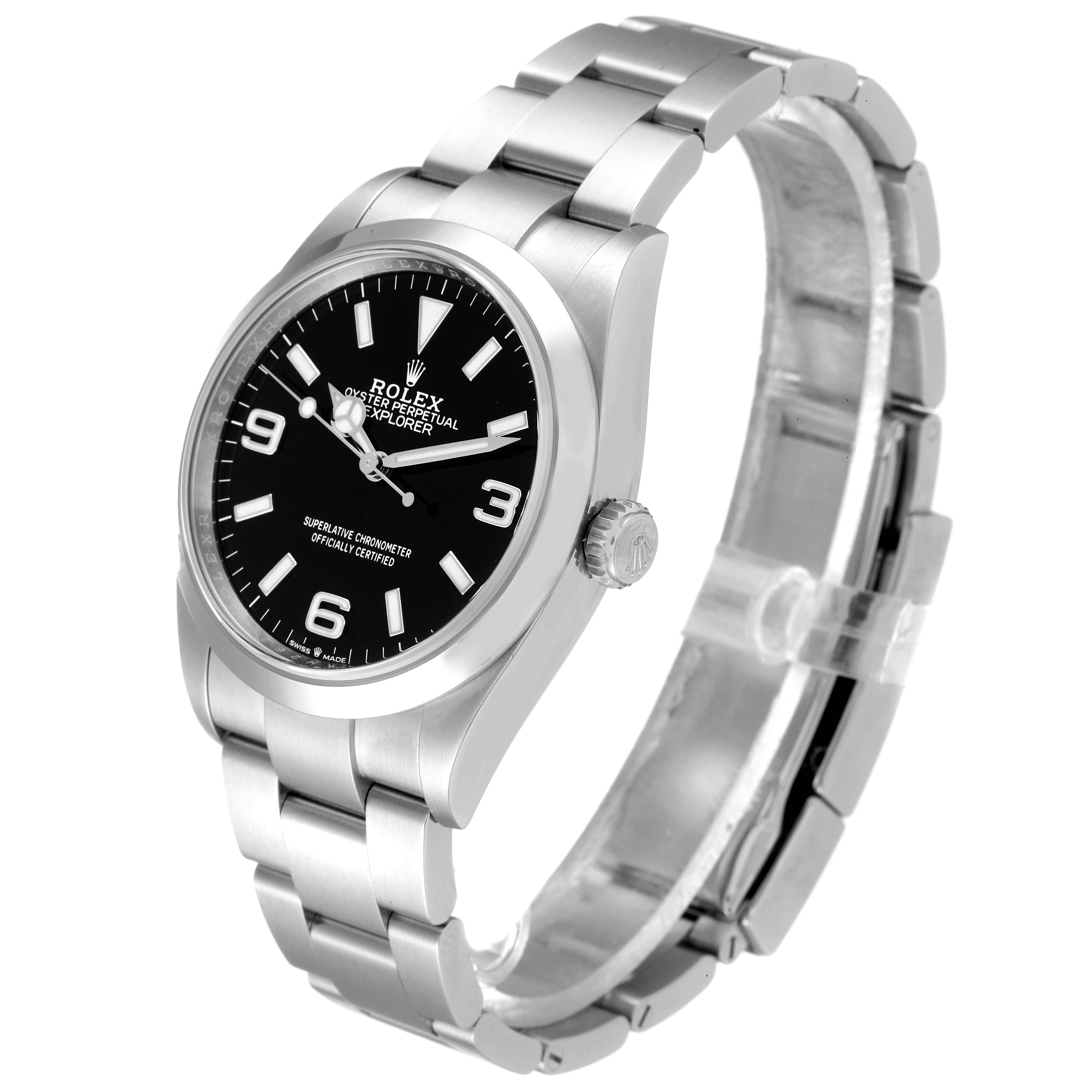 The image shows a side view of the Rolex Explorer 124270 Men
s Stainless Steel Black Dial 124270 Men
s Stainless Steel Black Dial, displaying the watch face, case, crown, and part of the bracelet.