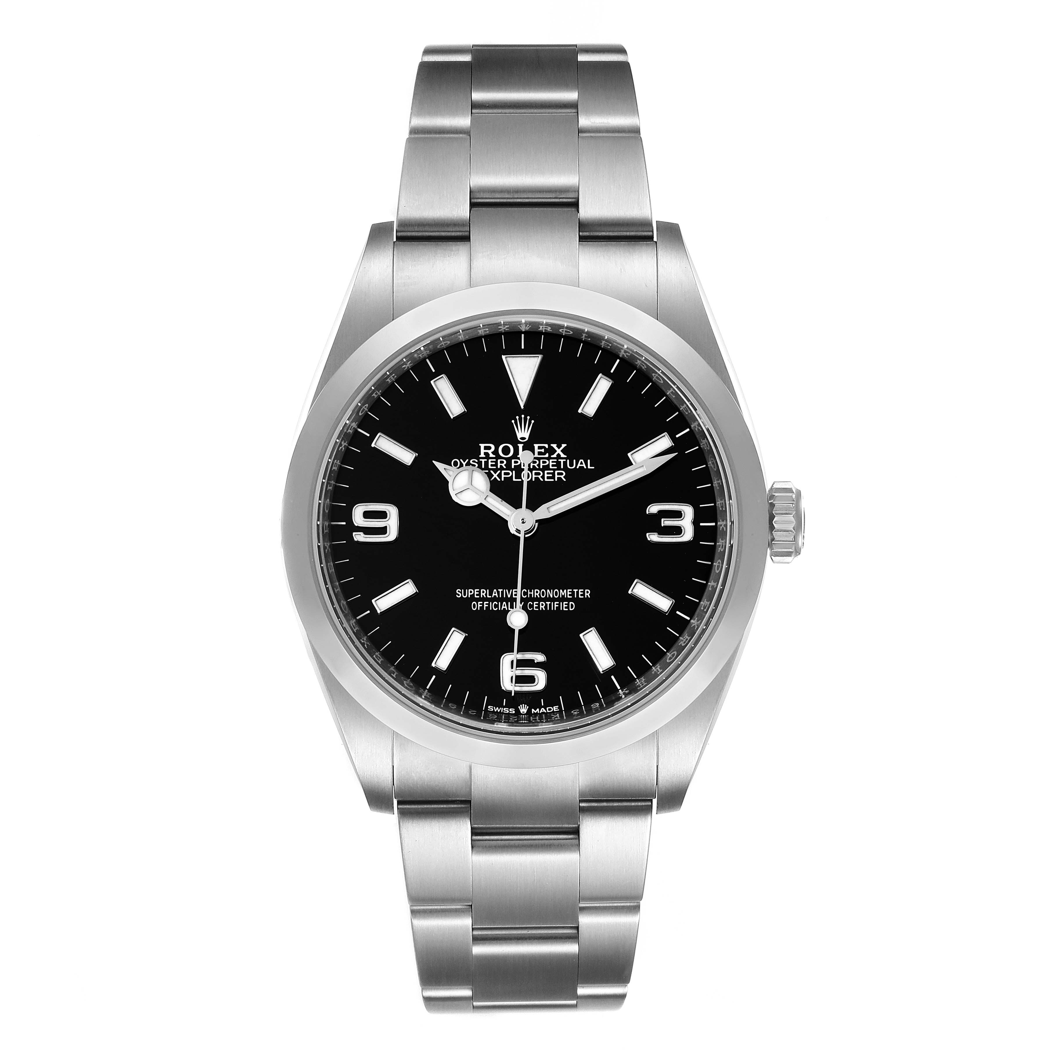 The image shows a front view of the Rolex Explorer 124270 Men
s Stainless Steel Black Dial 124270 Men
s Stainless Steel Black Dial watch, displaying the dial, hands, bezel, and bracelet.