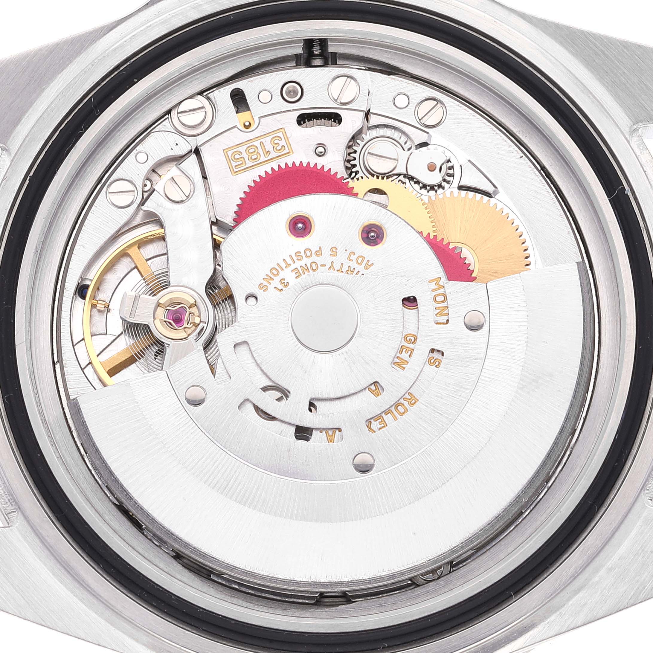 This image shows a close-up view of the movement mechanism inside a Rolex Explorer 16570 Men
s Stainless Steel Black Dial 16570 Men
s Stainless Steel Black Dial watch.