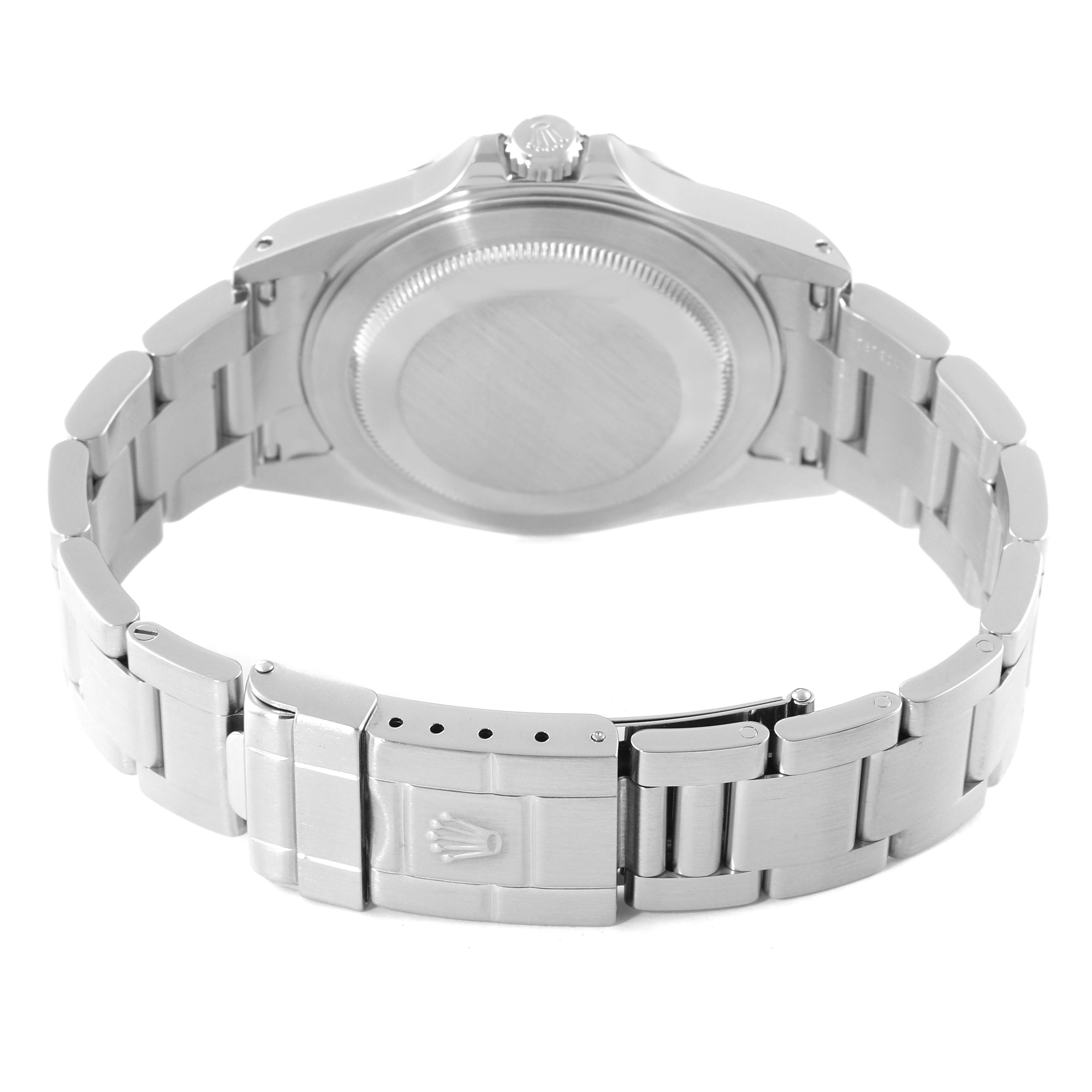 This image shows the back of a Rolex Explorer 16570 Men
s Stainless Steel Black Dial 16570 Men
s Stainless Steel Black Dial with focus on the clasp and bracelet.