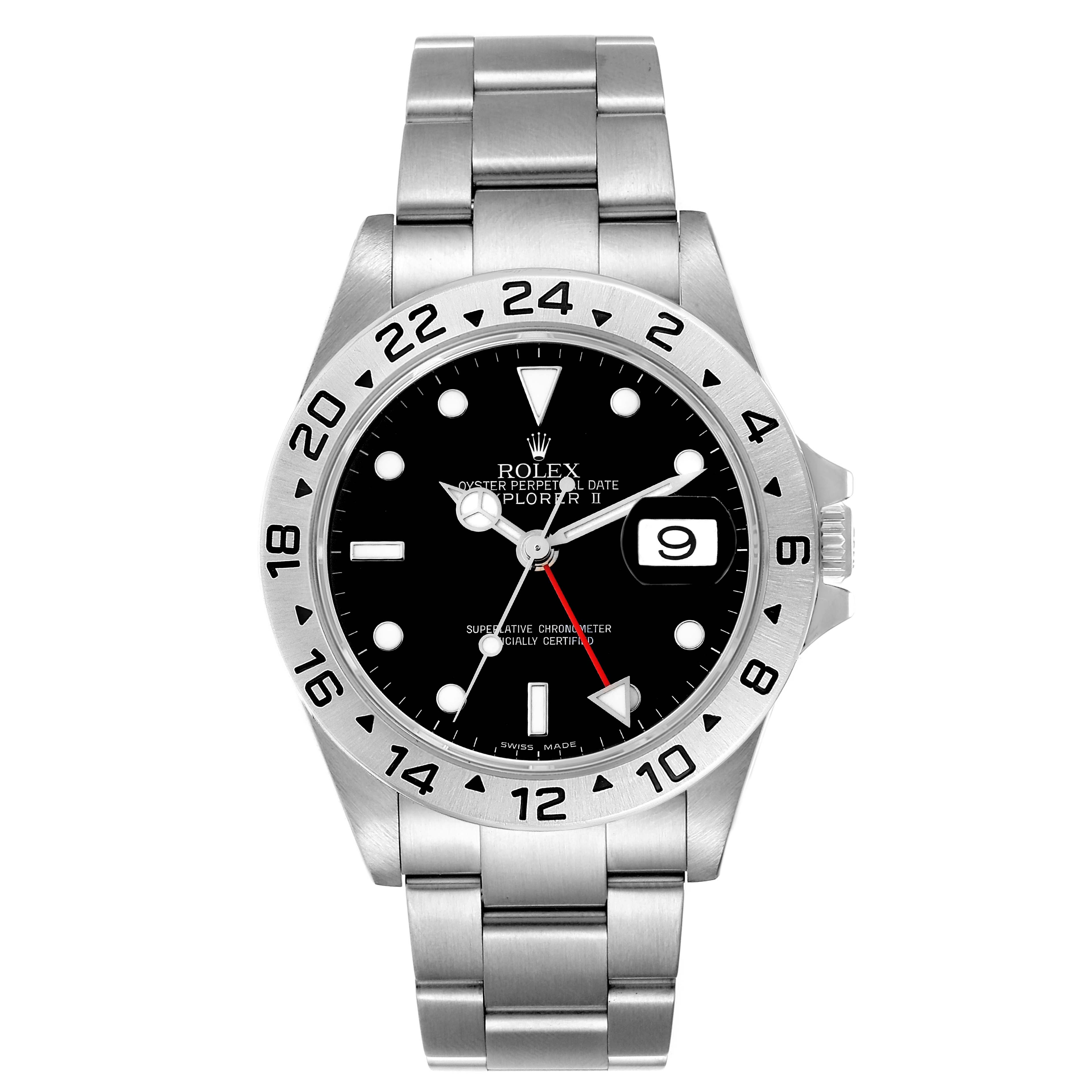 The image shows a front view of a Rolex Explorer 16570 Men
s Stainless Steel Black Dial 16570 Men
s Stainless Steel Black Dial watch, displaying its black dial, steel bezel, and bracelet.