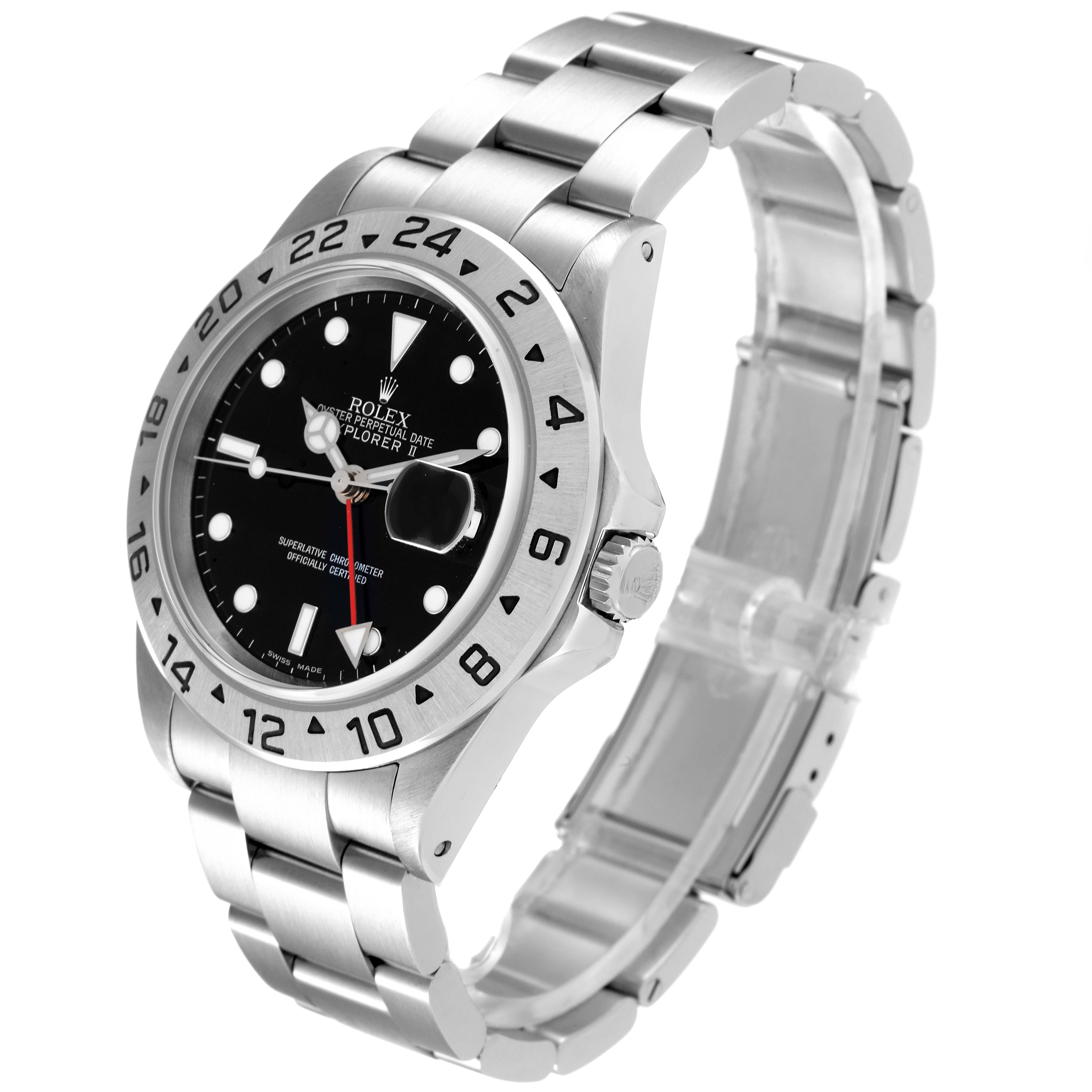 The image shows a side and angled view of the Rolex Explorer 16570 Men
s Stainless Steel Black Dial 16570 Men
s Stainless Steel Black Dial watch, highlighting its bezel, dial, and stainless steel bracelet.