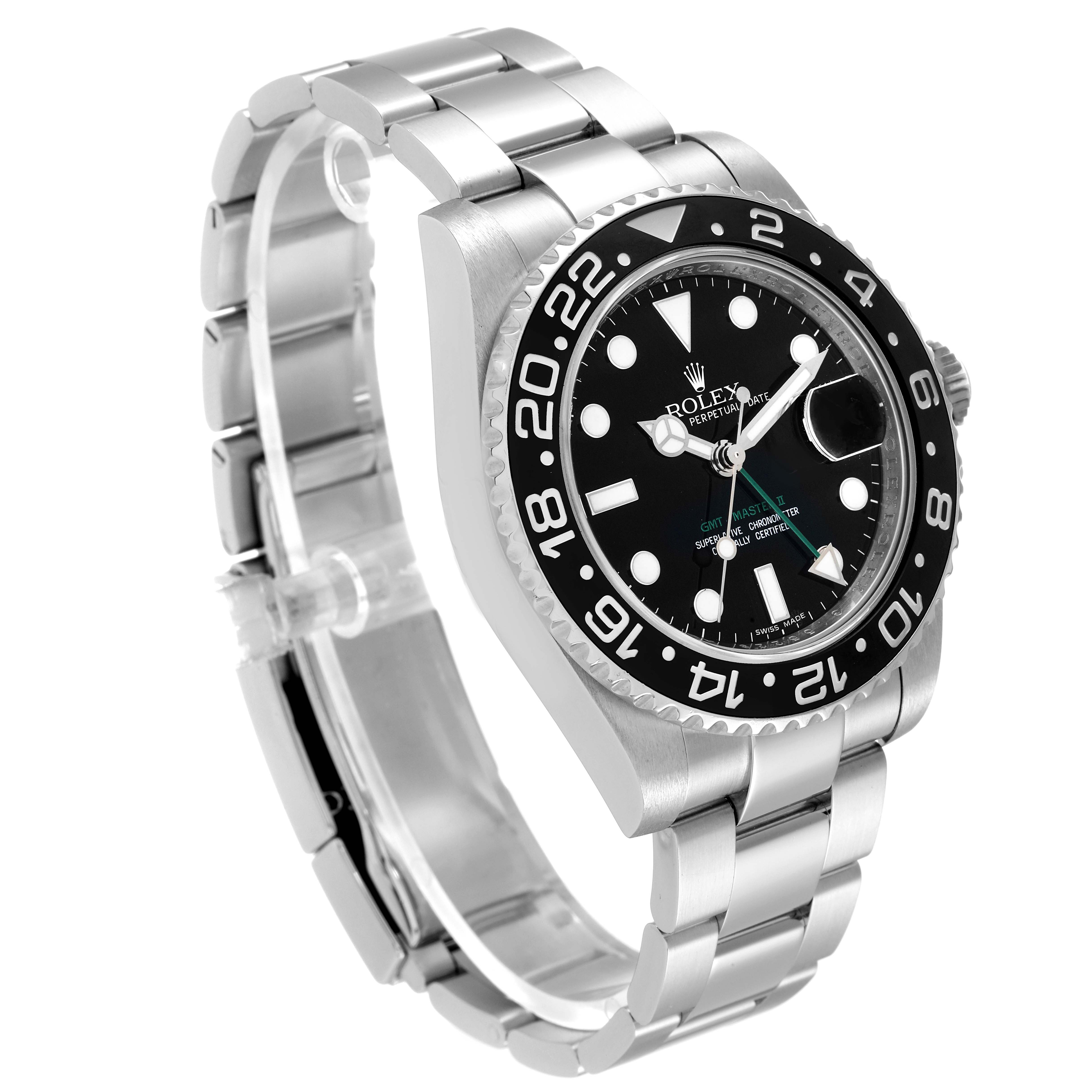 This image shows a Rolex GMT-Master 116710 Men's Stainless Steel Black Dial 116710 Men's Stainless Steel Black Dial watch at a slight angle, displaying the dial, bezel, crown, and bracelet.