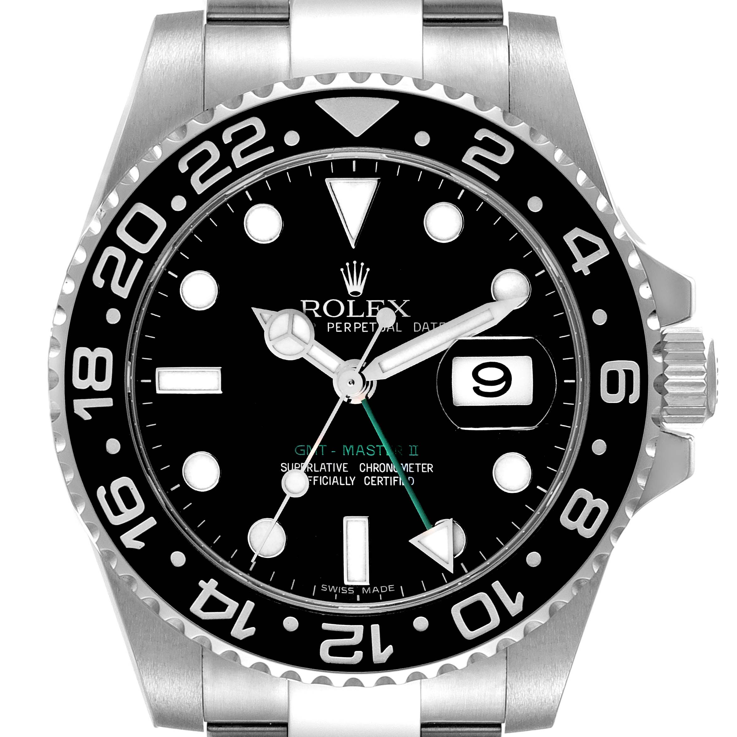 The image shows a close-up view of the dial, bezel, and part of the bracelet of the Rolex GMT-Master 116710 Men's Stainless Steel Black Dial 116710 Men's Stainless Steel Black Dial II watch.