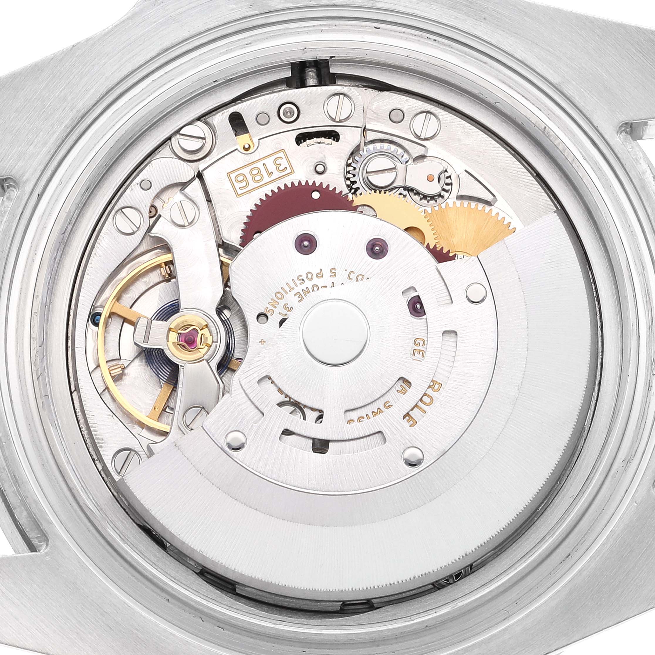 This image shows the internal mechanical movement of a Rolex GMT-Master 116710 Men's Stainless Steel Black Dial 116710 Men's Stainless Steel Black Dial watch from a top-down angle.