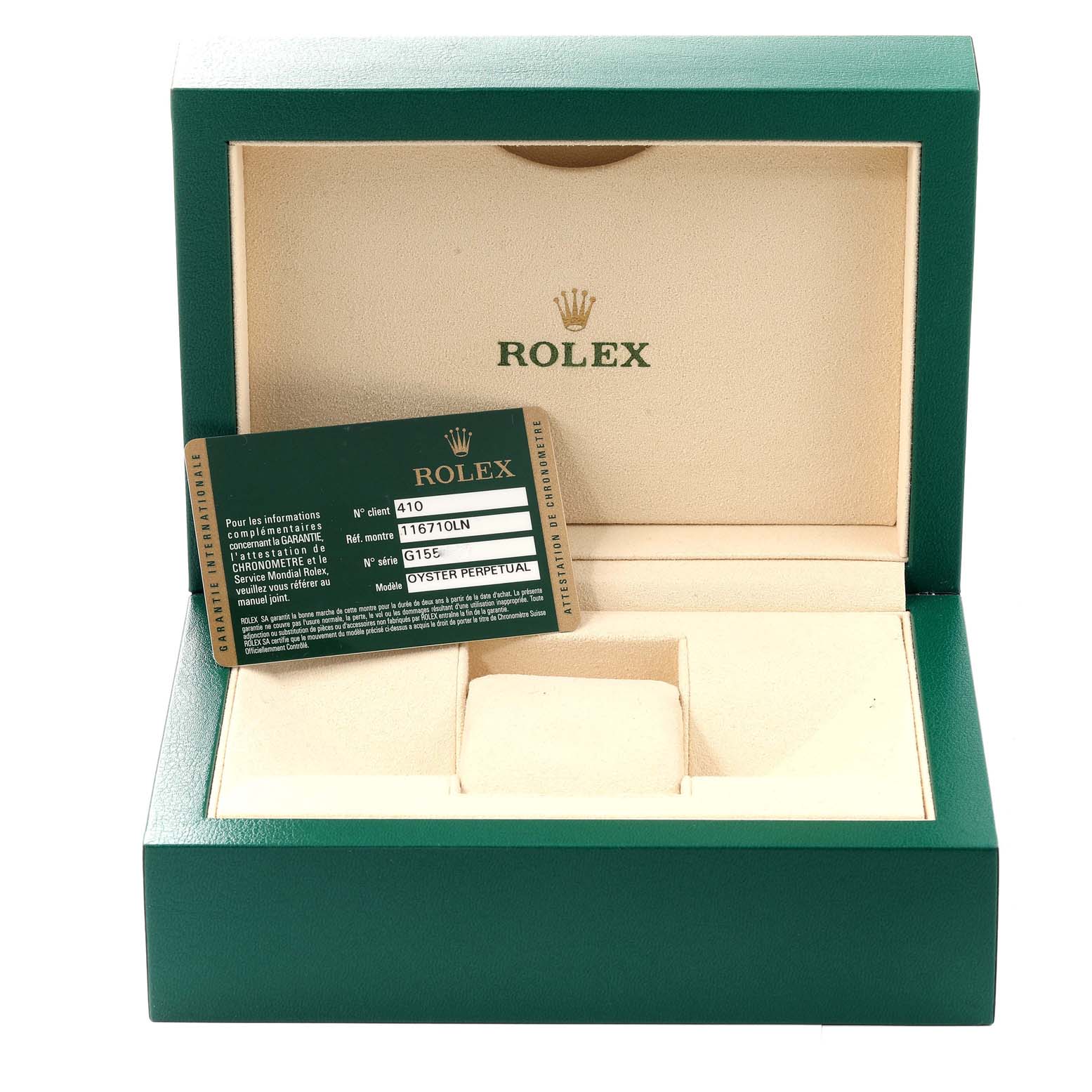 The image shows a Rolex GMT-Master 116710 Men's Stainless Steel Black Dial 116710 Men's Stainless Steel Black Dial watch box, with an open lid and a warranty card displayed inside.