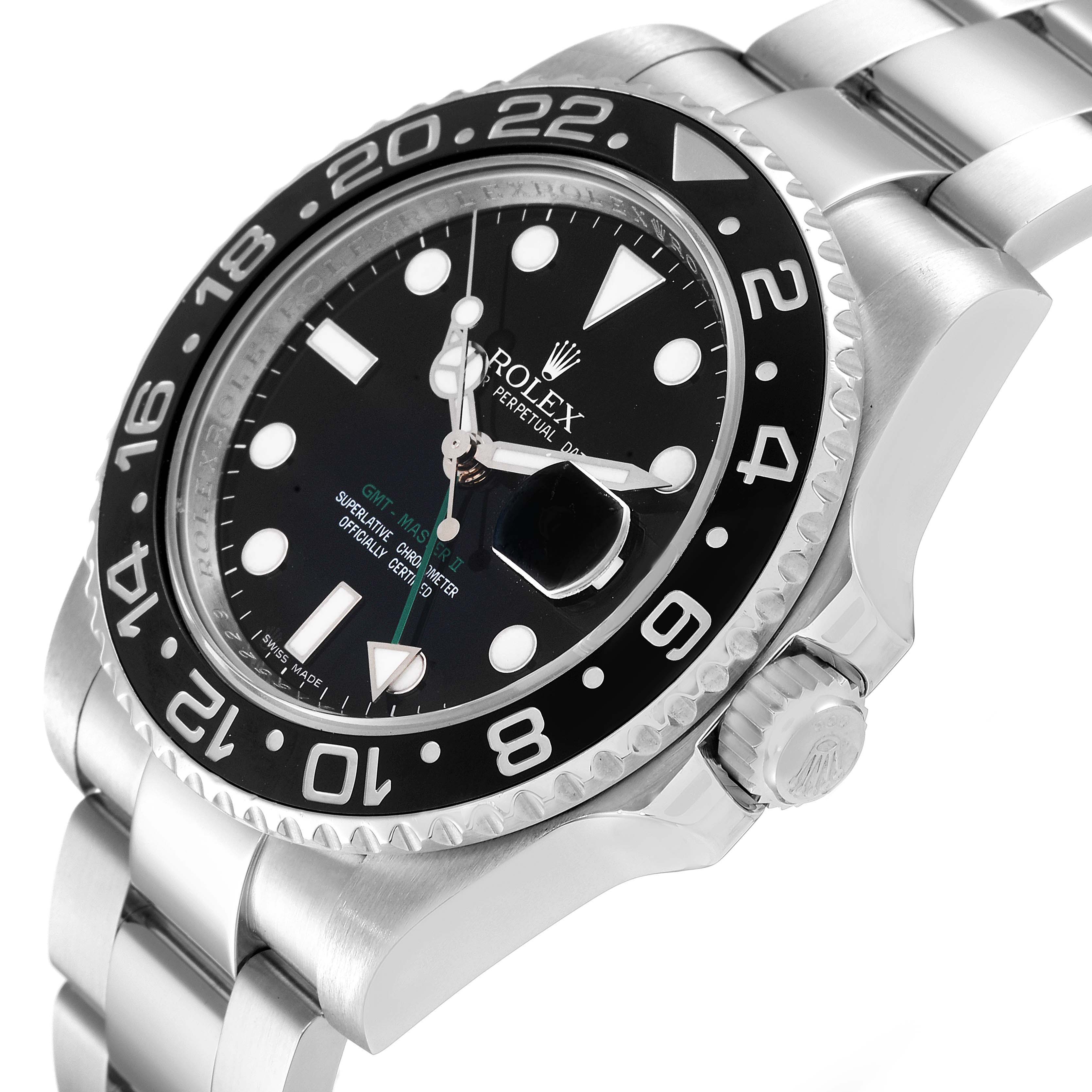 The image shows a tilted angle of the Rolex GMT-Master 116710 Men's Stainless Steel Black Dial 116710 Men's Stainless Steel Black Dial watch, focusing on the bezel, dial, and part of the bracelet.