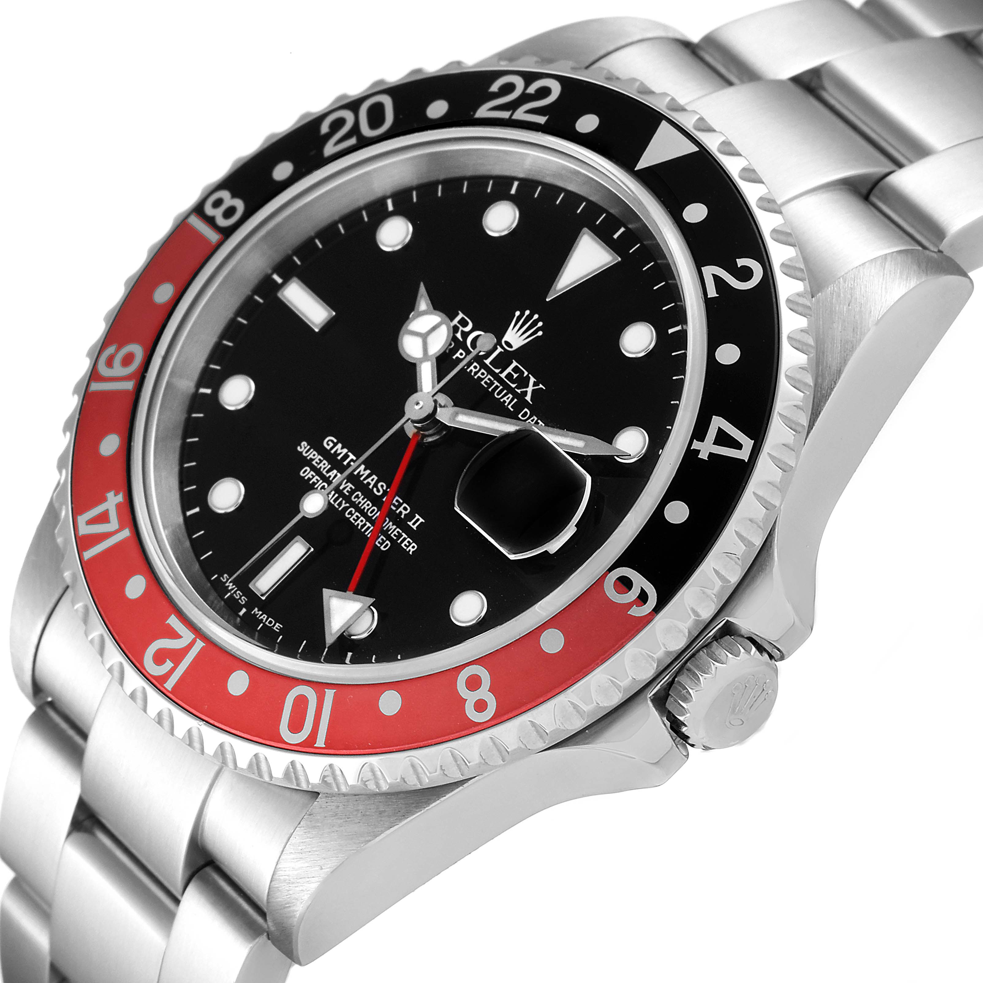 This image shows a side angle of the Rolex GMT-Master 16710 Men
s Stainless Steel Black Dial 16710 Men
s Stainless Steel Black Dial II, highlighting its bezel, dial, crown, and part of the bracelet.