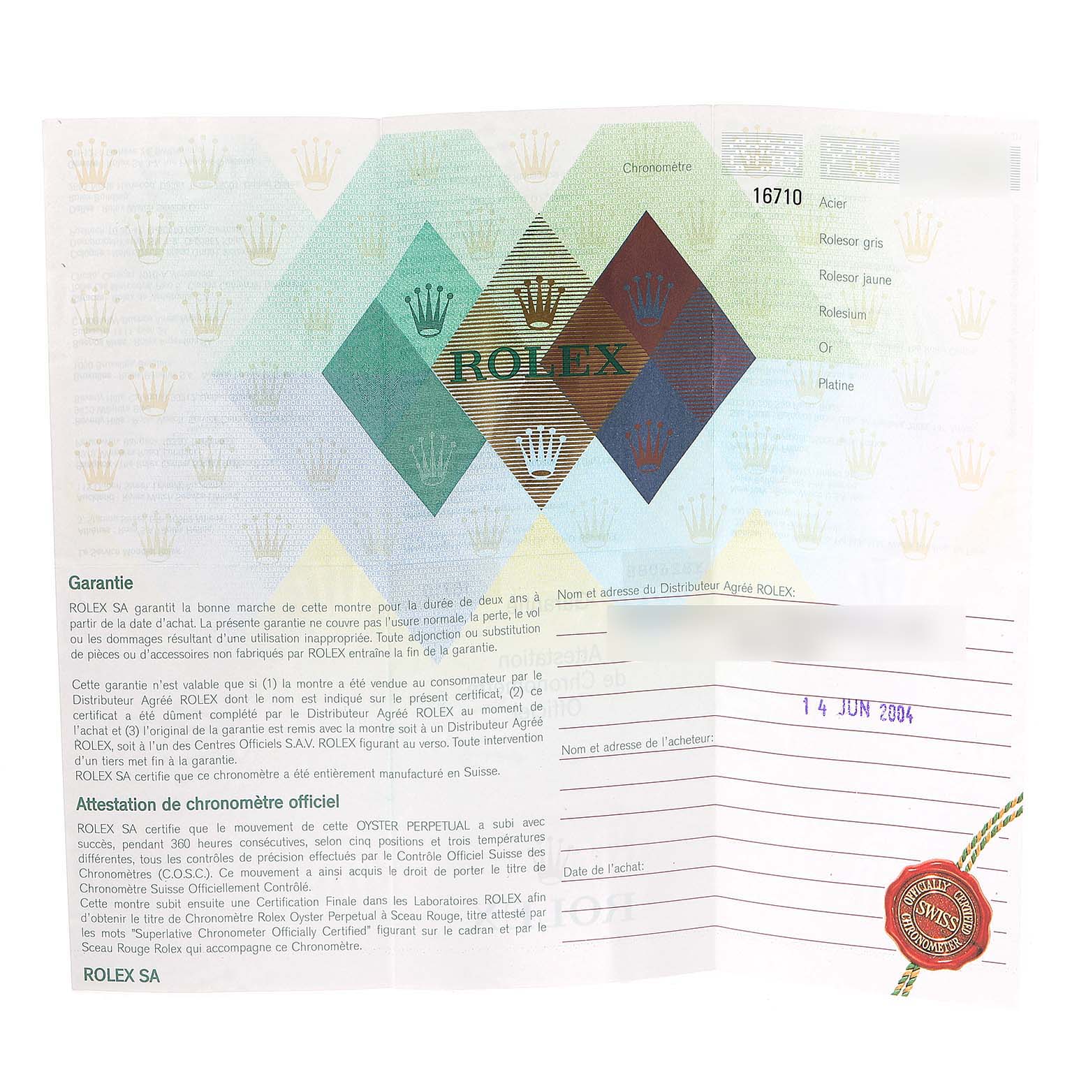 This image shows the guarantee and official chronometer certification documents for the Rolex GMT-Master 16710 Men
s Stainless Steel Black Dial 16710 Men
s Stainless Steel Black Dial model.