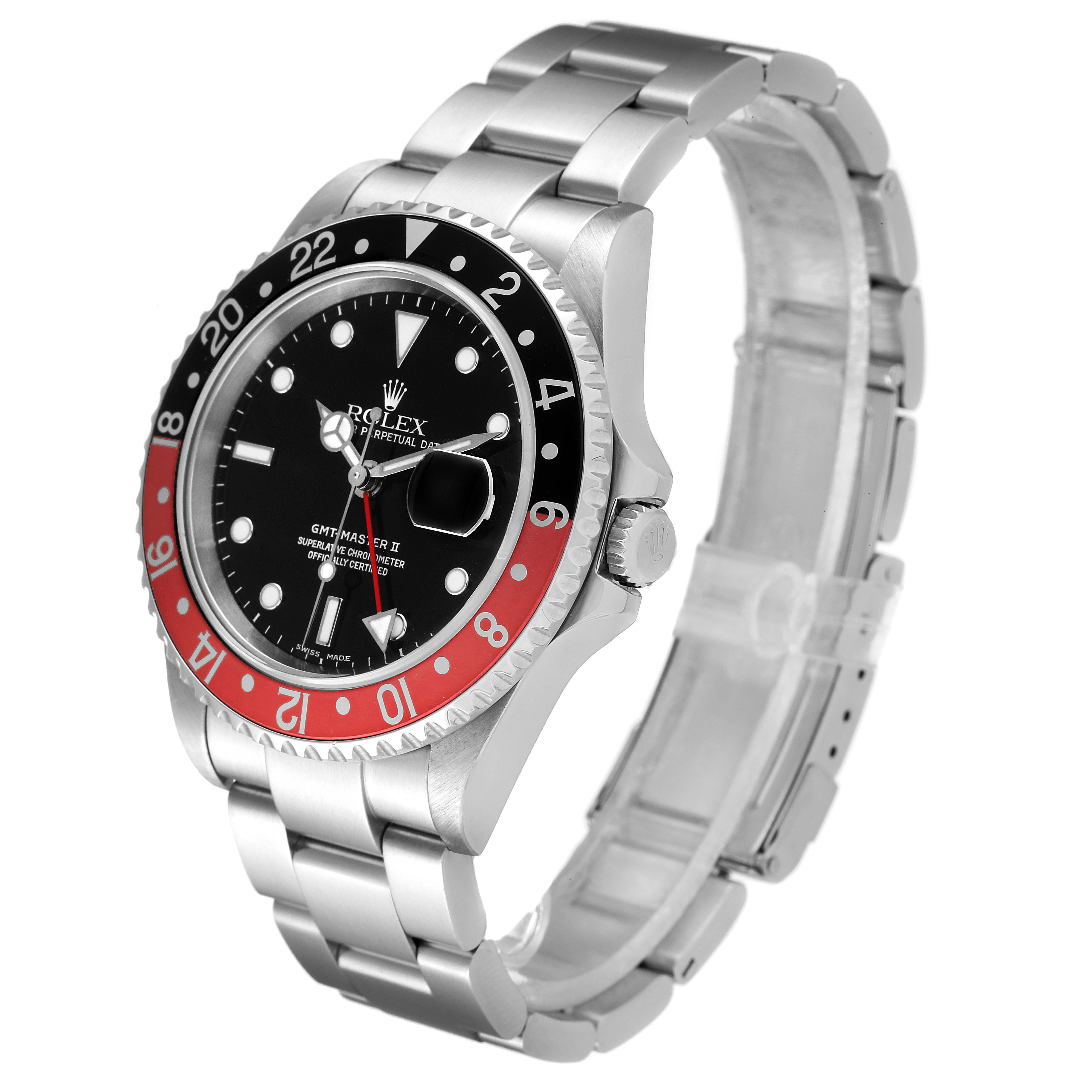 This image shows a Rolex GMT-Master 16710 Men
s Stainless Steel Black Dial 16710 Men
s Stainless Steel Black Dial II watch at a three-quarter angle, displaying the dial, bezel, crown, and bracelet.