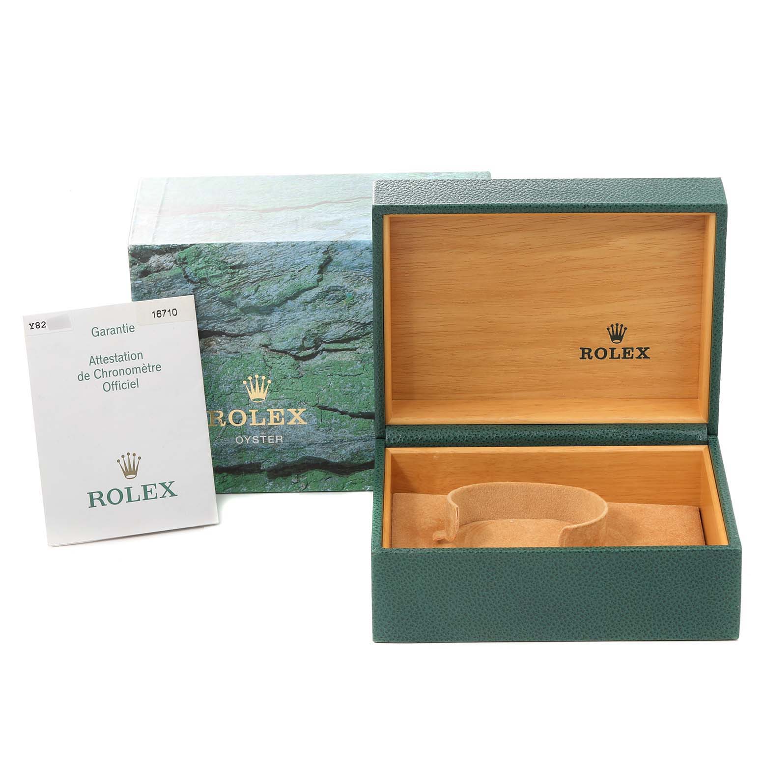 The image shows the packaging, watch box, and warranty card for a Rolex GMT-Master 16710 Men
s Stainless Steel Black Dial 16710 Men
s Stainless Steel Black Dial.