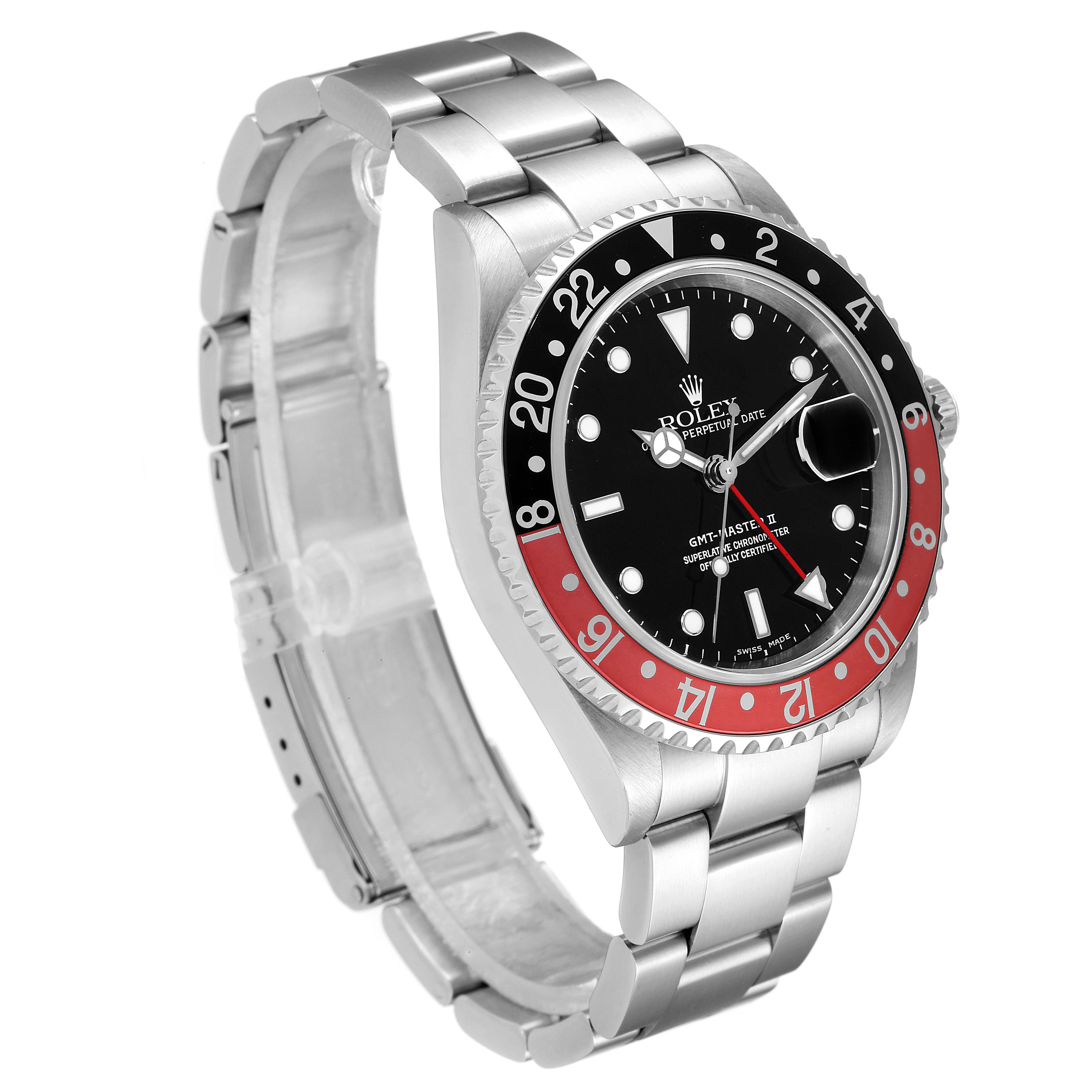 The Rolex GMT-Master 16710 Men
s Stainless Steel Black Dial 16710 Men
s Stainless Steel Black Dial watch is shown at a three-quarter angle, displaying its bracelet, bezel, and dial.