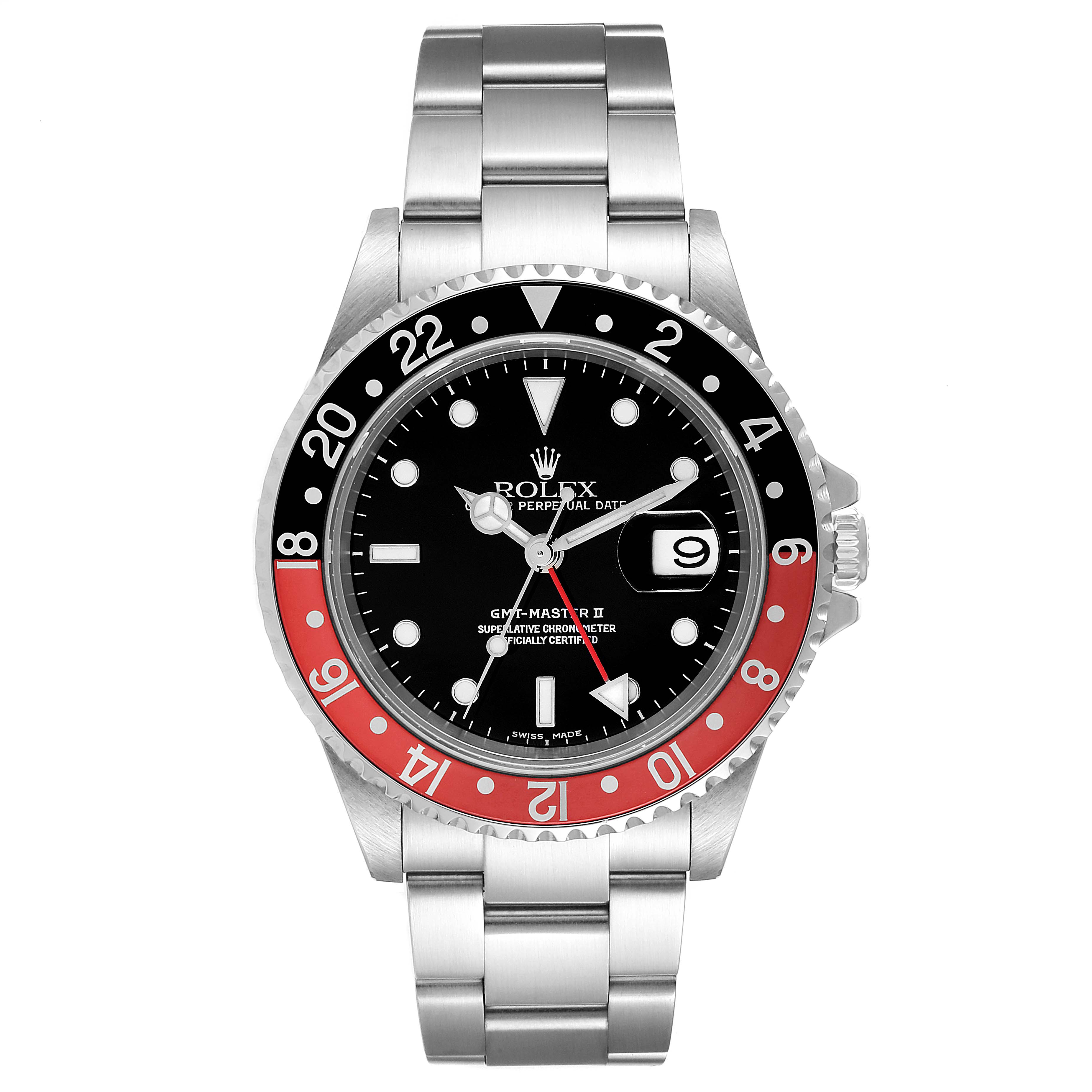 This Rolex GMT-Master 16710 Men
s Stainless Steel Black Dial 16710 Men
s Stainless Steel Black Dial II watch is shown from the front, highlighting the dial, bezel, and bracelet.
