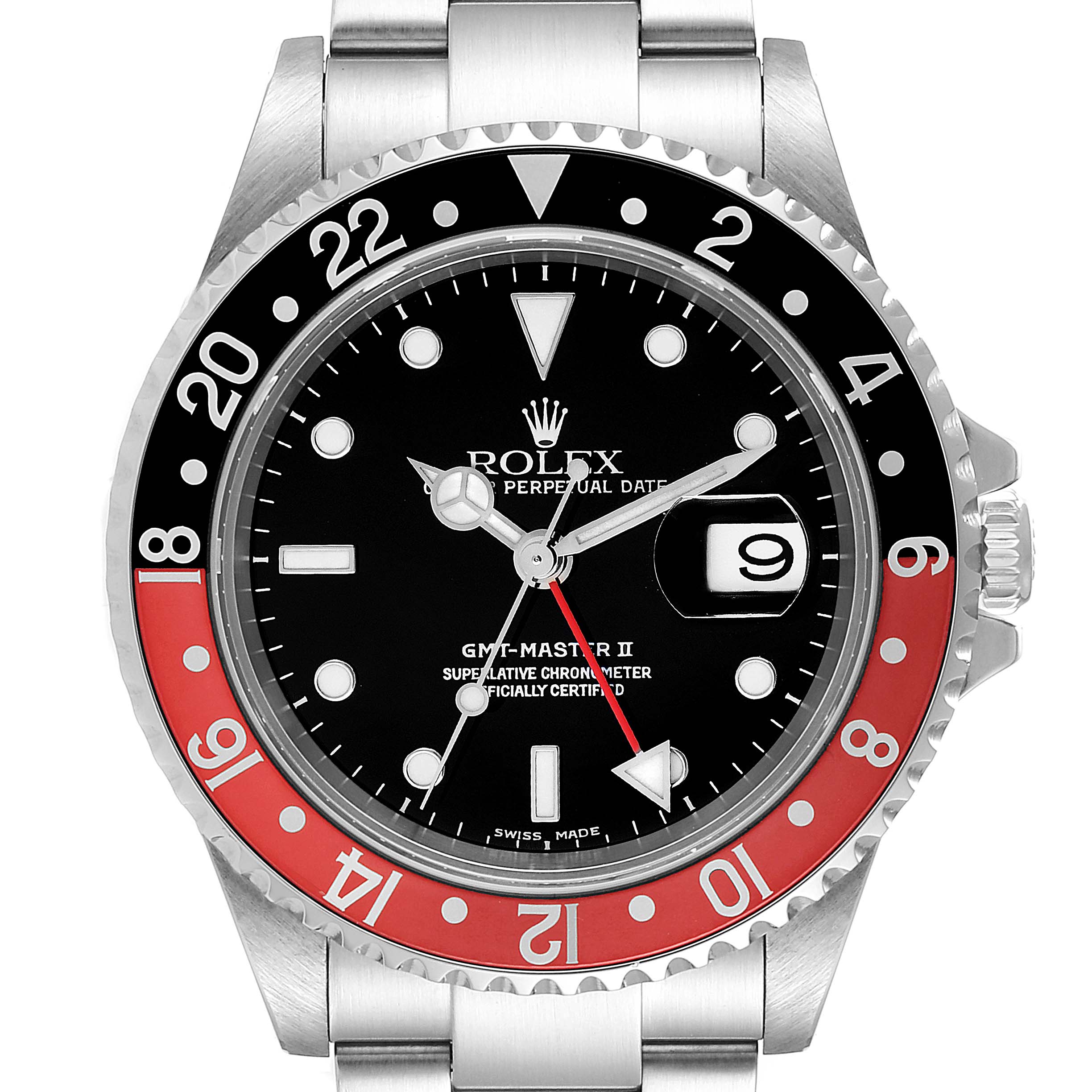This image shows a front angle of a Rolex GMT-Master 16710 Men
s Stainless Steel Black Dial 16710 Men
s Stainless Steel Black Dial II watch, displaying the dial, bezel, hands, and a portion of the bracelet.