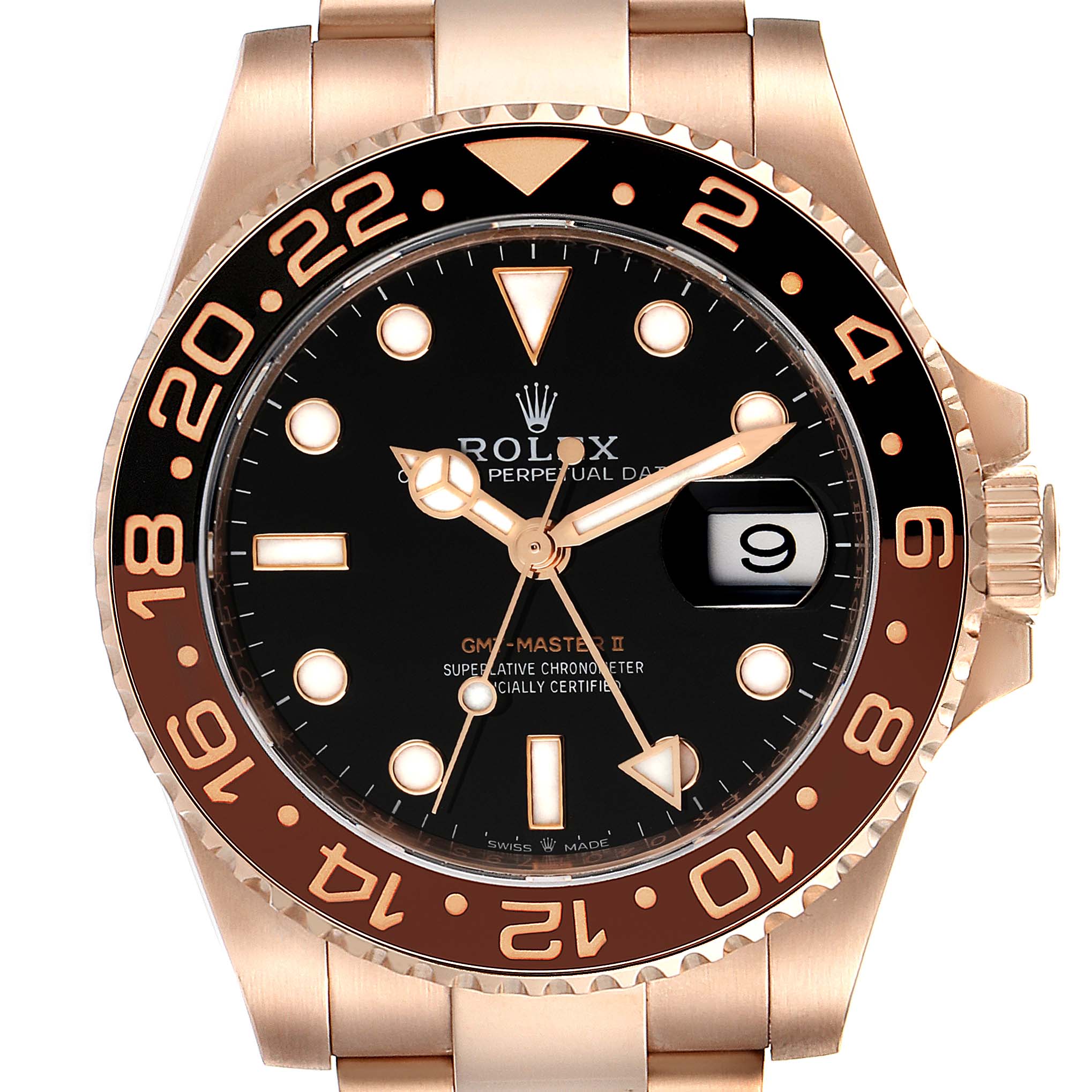 The image shows a front view of the Rolex GMT-Master 126715 Men's Rose Gold Black Dial 126715 Men's Rose Gold Black Dial II, highlighting the face, bezel, dial, hands, and crown.