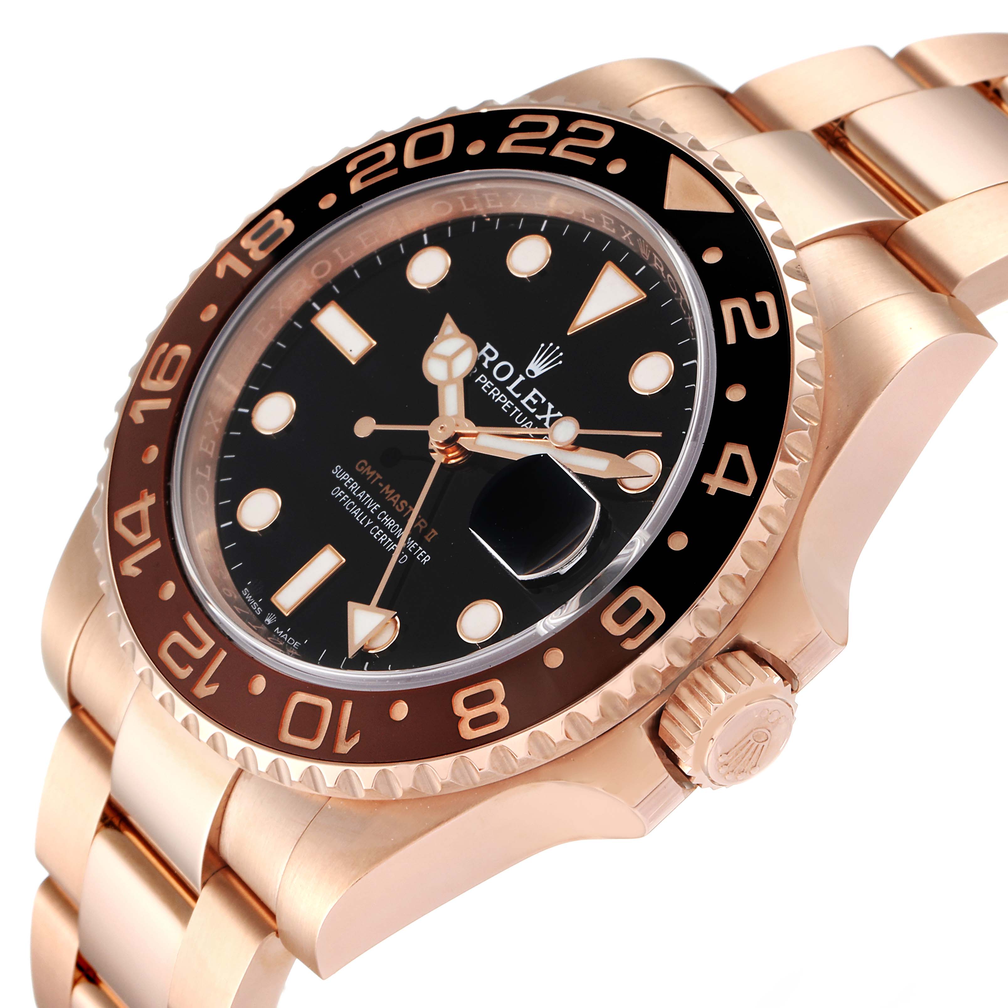 The Rolex GMT-Master 126715 Men's Rose Gold Black Dial 126715 Men's Rose Gold Black Dial watch is shown from an angled side view, displaying the bezel, crown, and part of the bracelet.