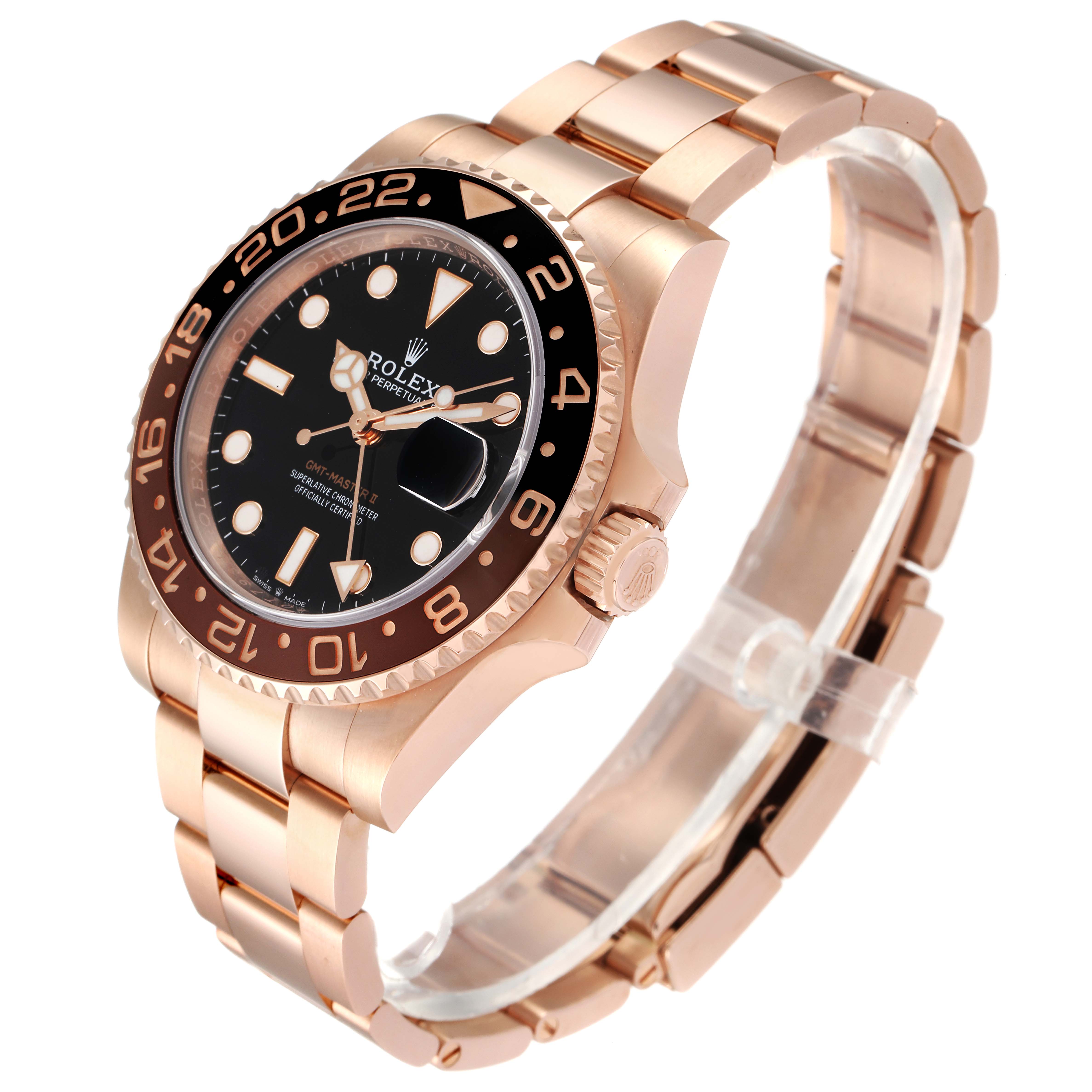 This image shows a side-angle view of the Rolex GMT-Master 126715 Men's Rose Gold Black Dial 126715 Men's Rose Gold Black Dial, highlighting the bezel, face, crown, and metal bracelet.