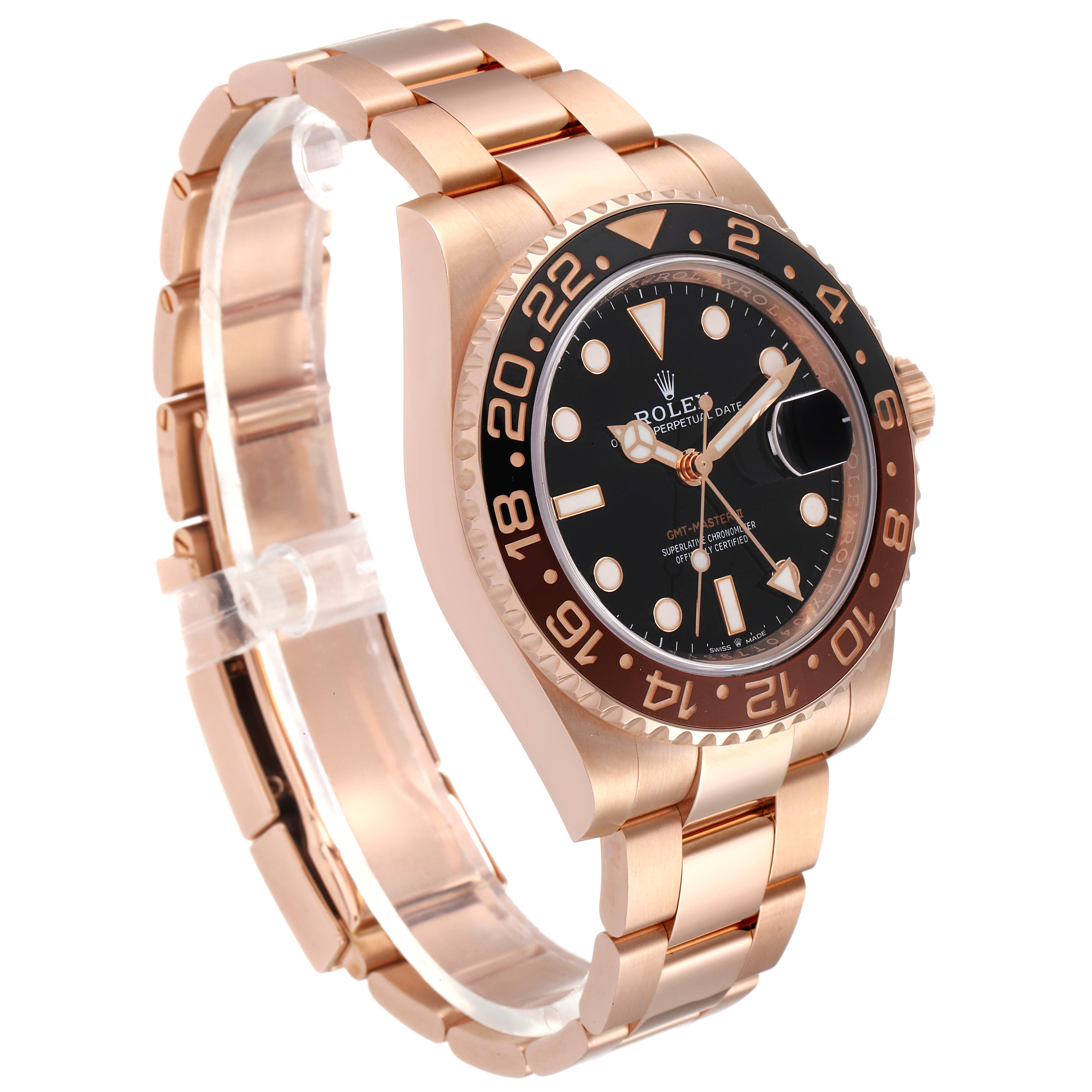 The image shows a side angle of a Rolex GMT-Master 126715 Men's Rose Gold Black Dial 126715 Men's Rose Gold Black Dial watch, highlighting its rose gold case, black dial, and bracelet.