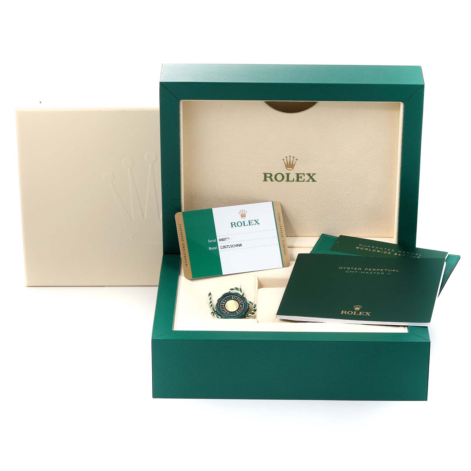The image shows the packaging and documentation for a Rolex GMT-Master 126715 Men's Rose Gold Black Dial 126715 Men's Rose Gold Black Dial, including the box, certificate, manual, and tag.