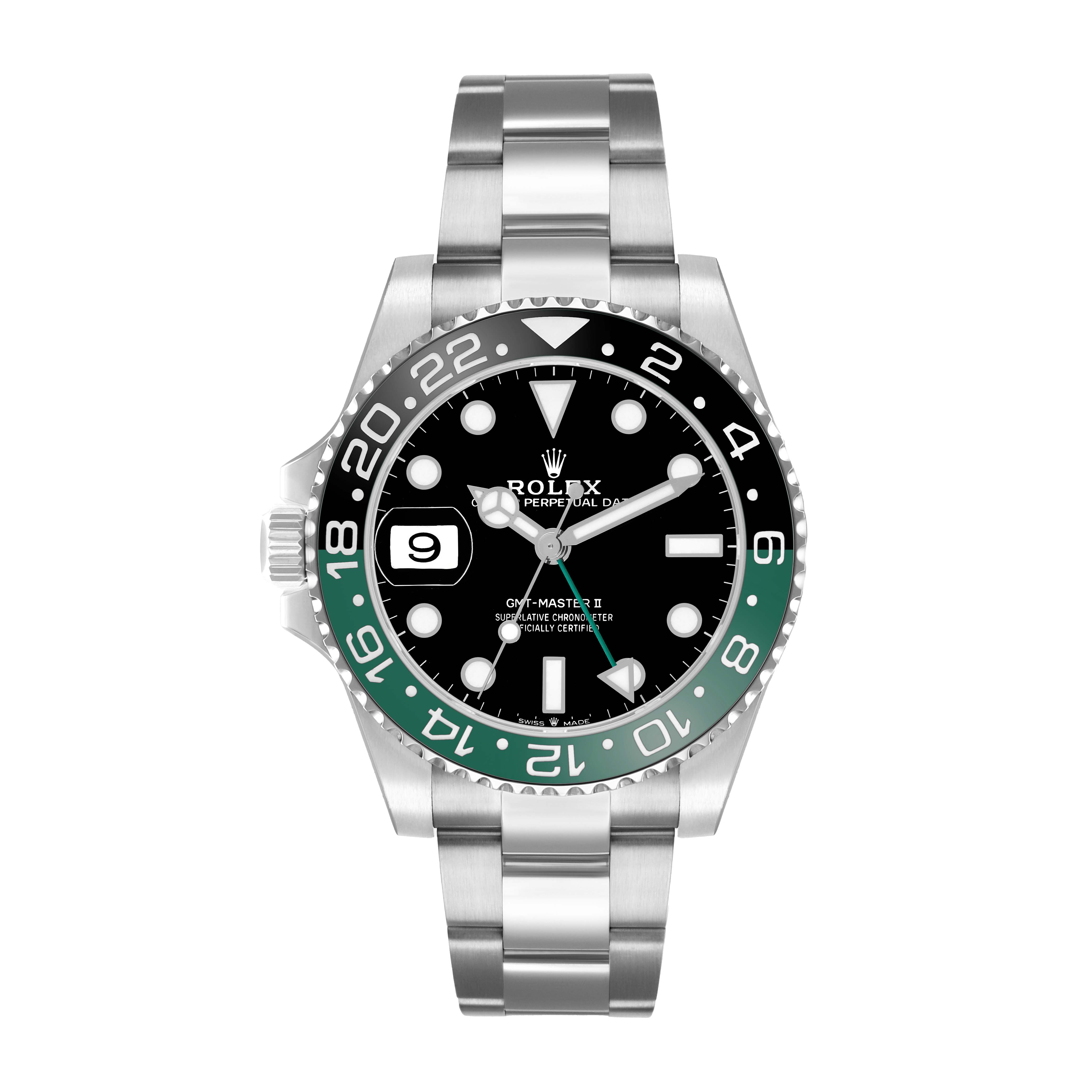The Rolex GMT-Master 126720 Men
s Stainless Steel Black Dial model is shown from a front angle, displaying the dial, bezel, and bracelet.