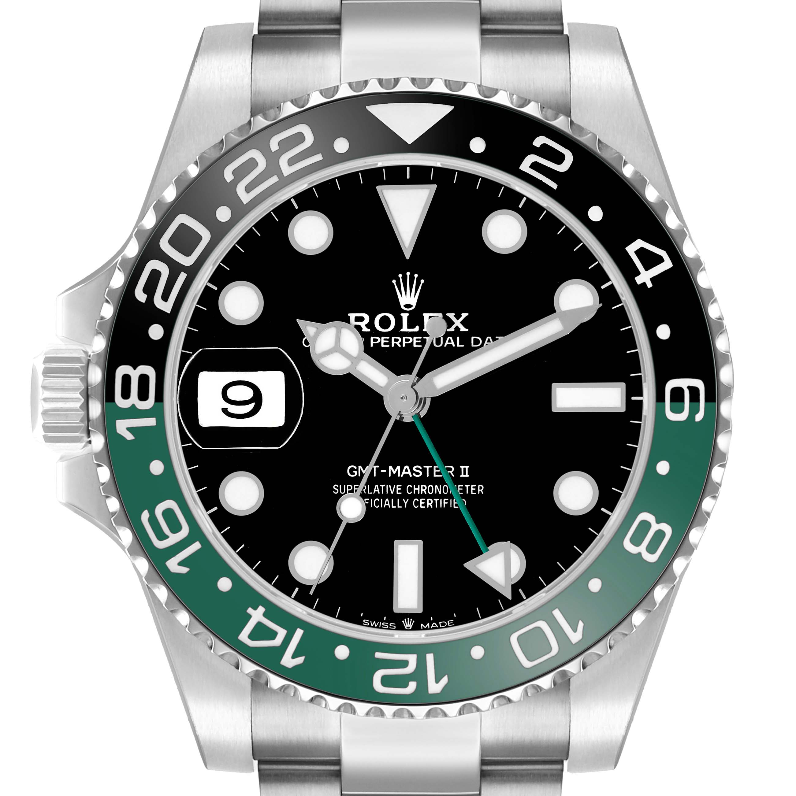 The image shows a frontal view of the Rolex GMT-Master 126720 Men
s Stainless Steel Black Dial II, highlighting the bezel, dial, and hands.