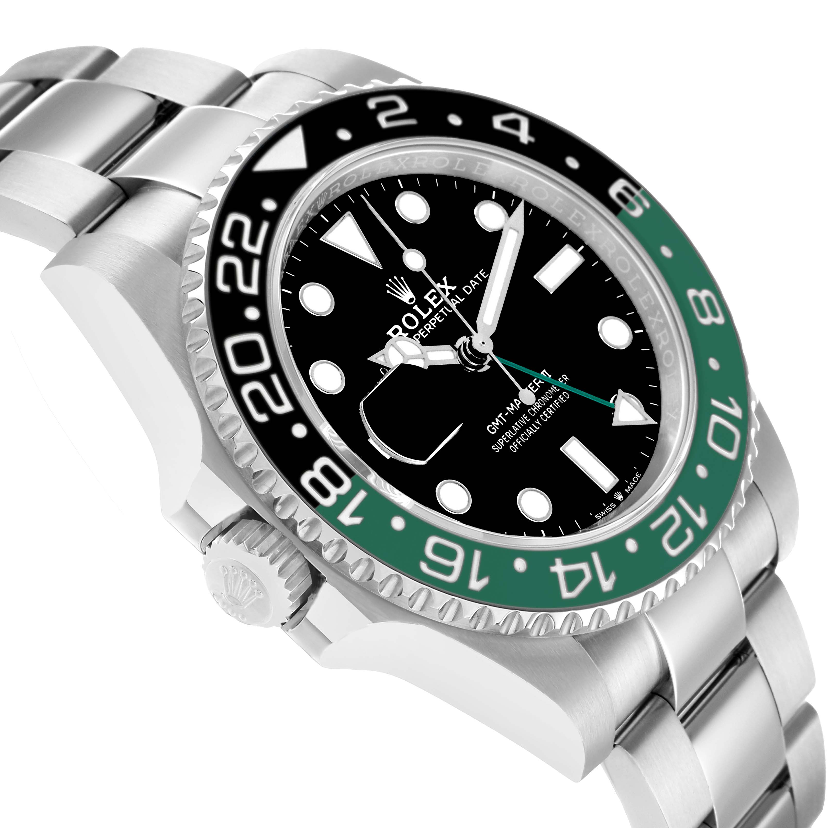 The Rolex GMT-Master 126720 Men
s Stainless Steel Black Dial watch is shown at an angle highlighting the face, bezel, crown, and bracelet.