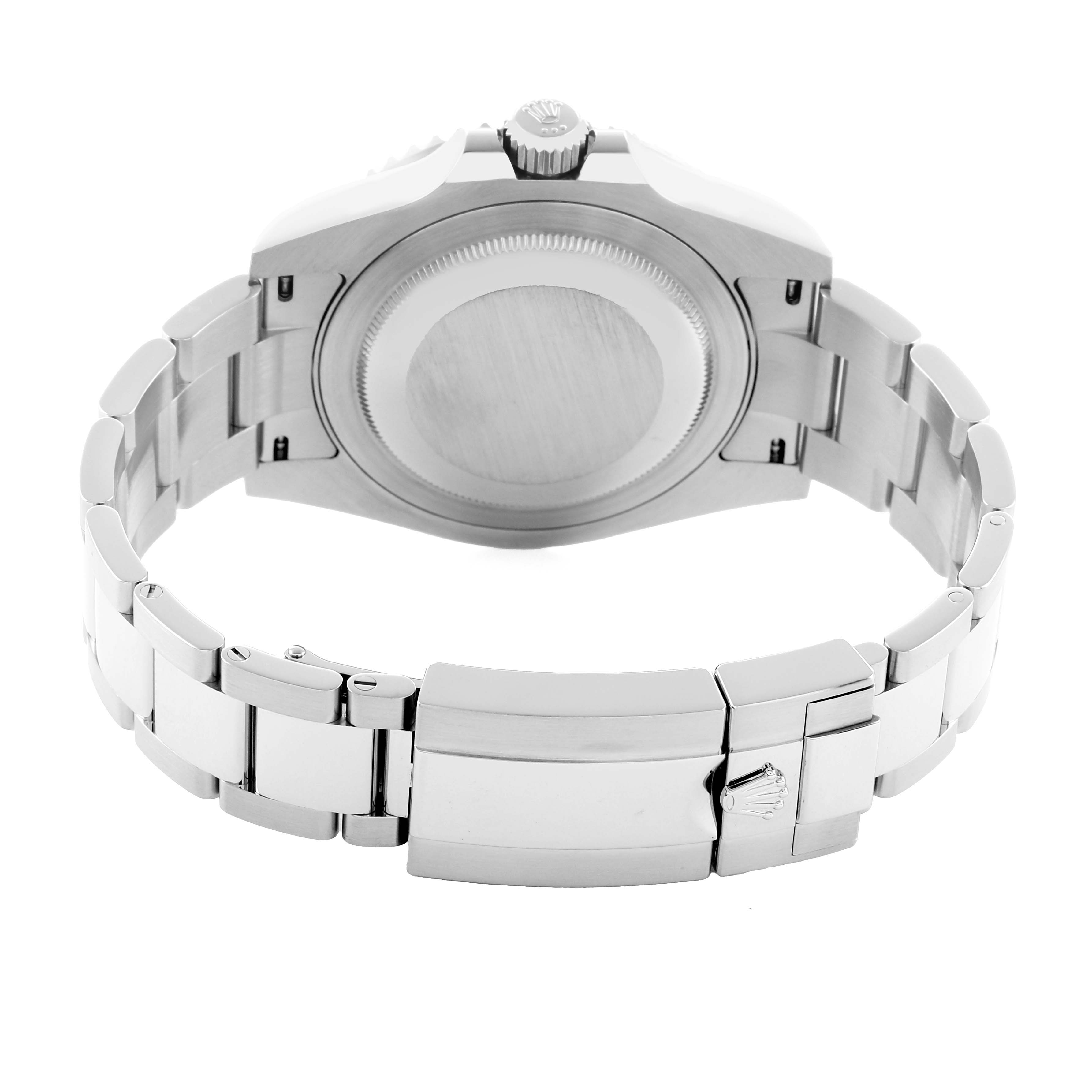 The image shows the back case and bracelet of a Rolex GMT-Master 126720 Men
s Stainless Steel Black Dial watch from a rear angle.