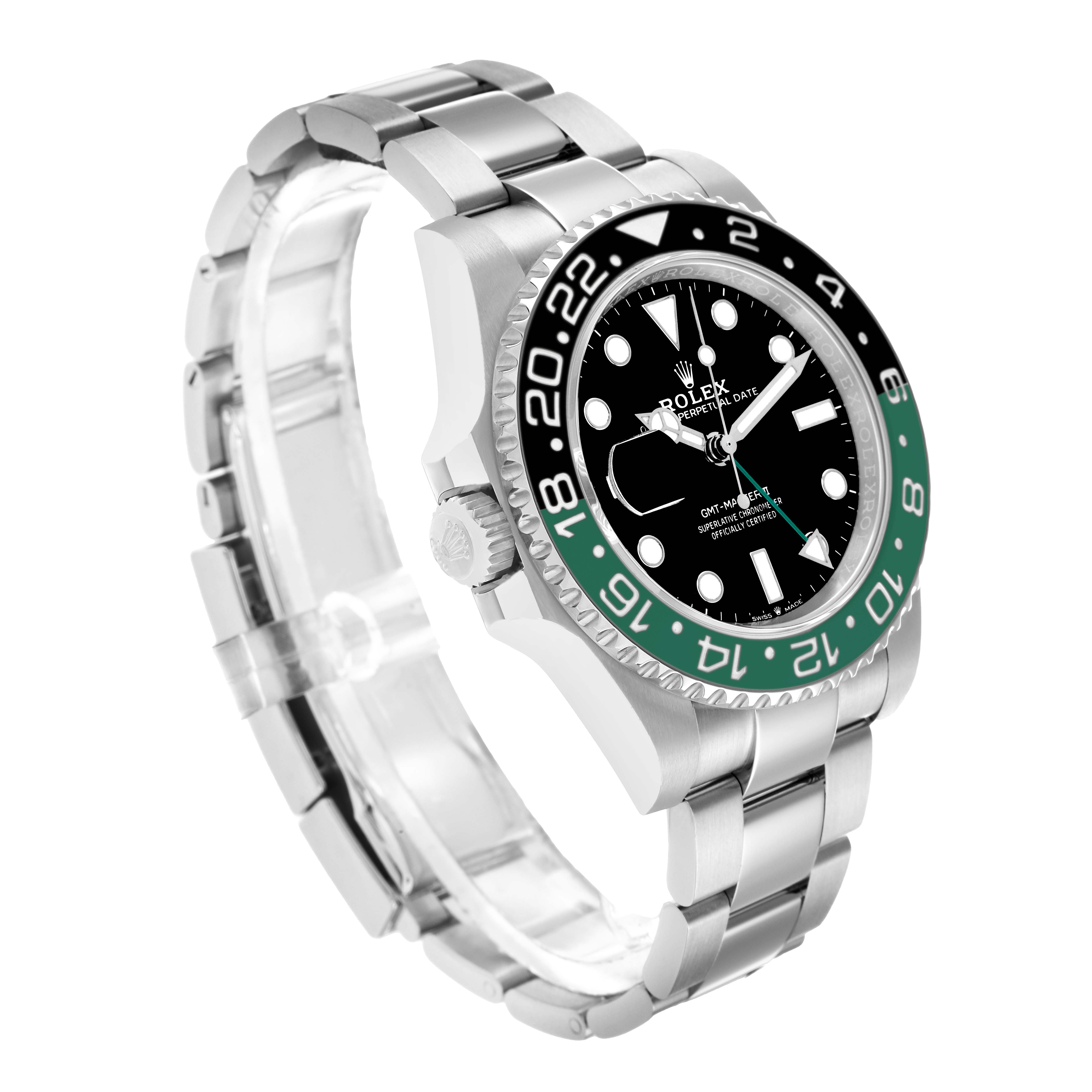 The Rolex GMT-Master 126720 Men
s Stainless Steel Black Dial watch is shown at a three-quarter angle, highlighting the bezel, dial, case, and bracelet.