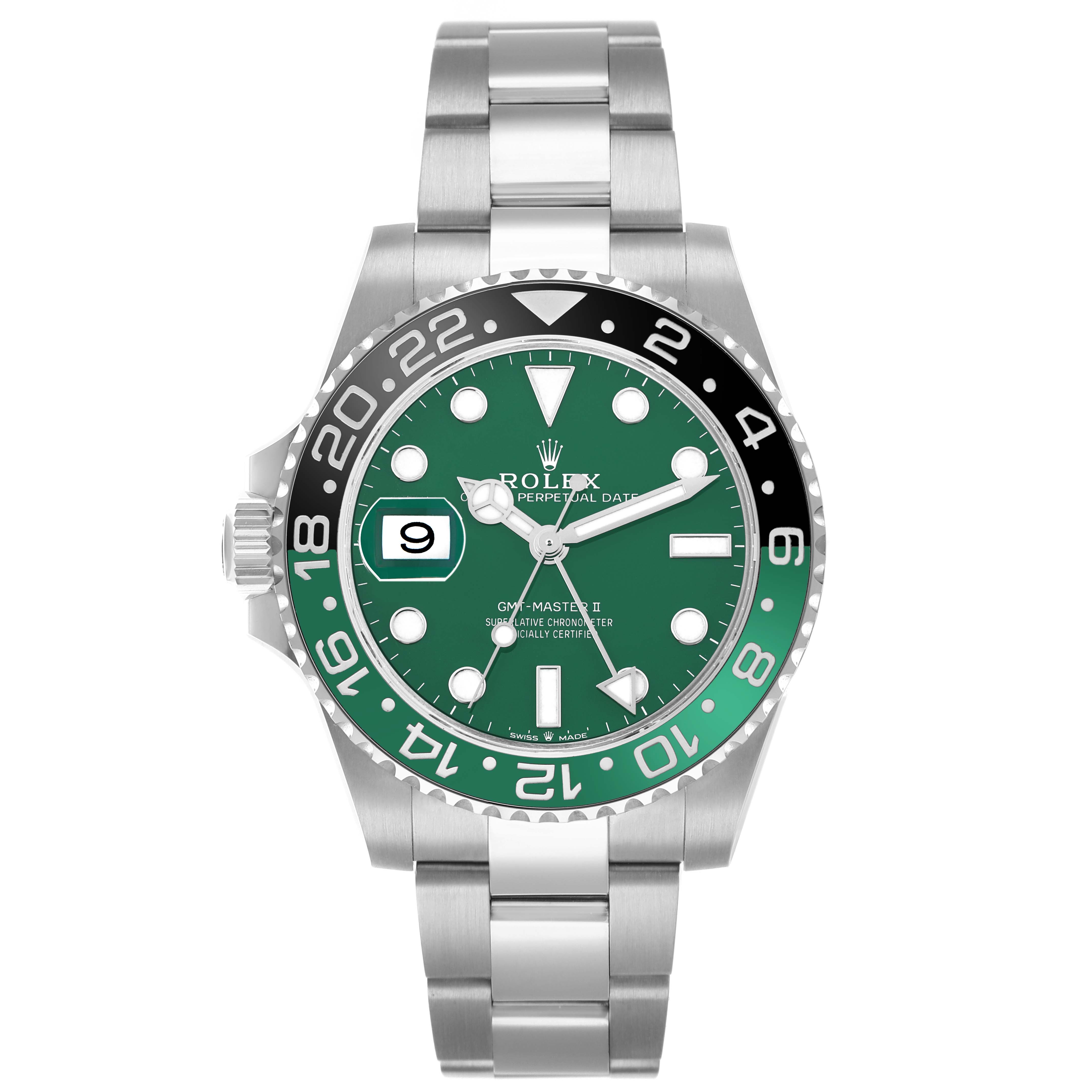 The Rolex GMT-Master 126729 Men
s White Gold Green Dial II watch is shown from a front angle, displaying the bezel, dial, hands, and bracelet.