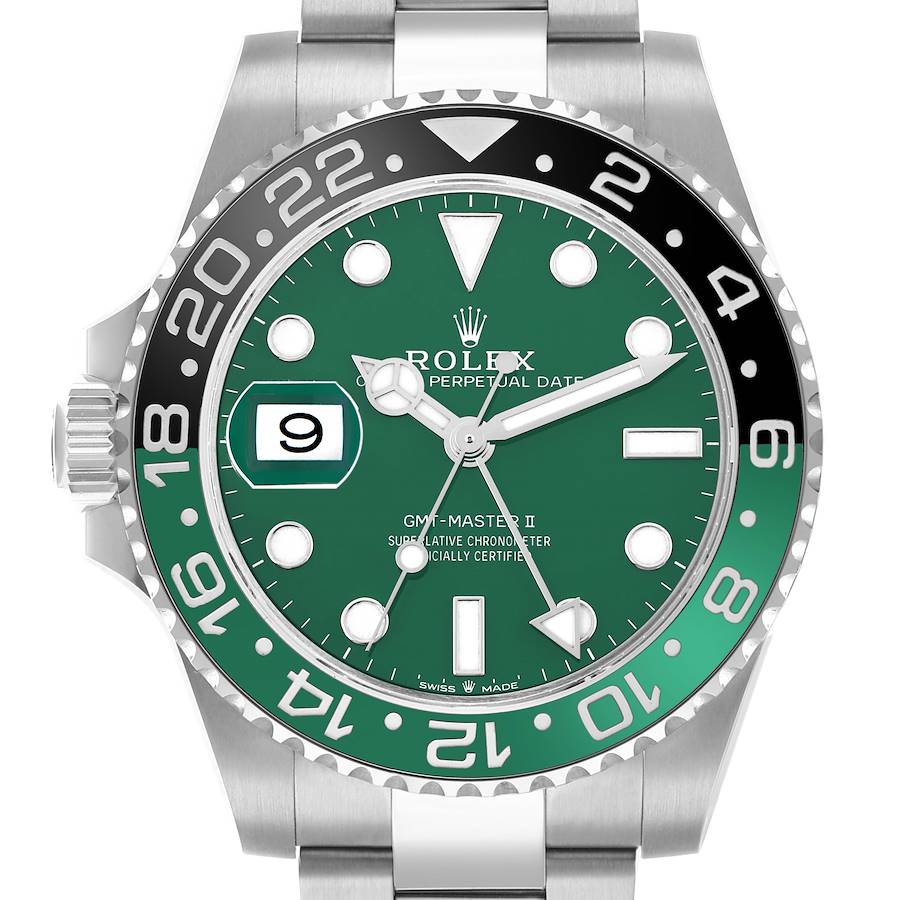 The Rolex GMT-Master 126729 Men's White Gold Green Dial watch is shown from a front angle, highlighting the face, bezel, and crown.