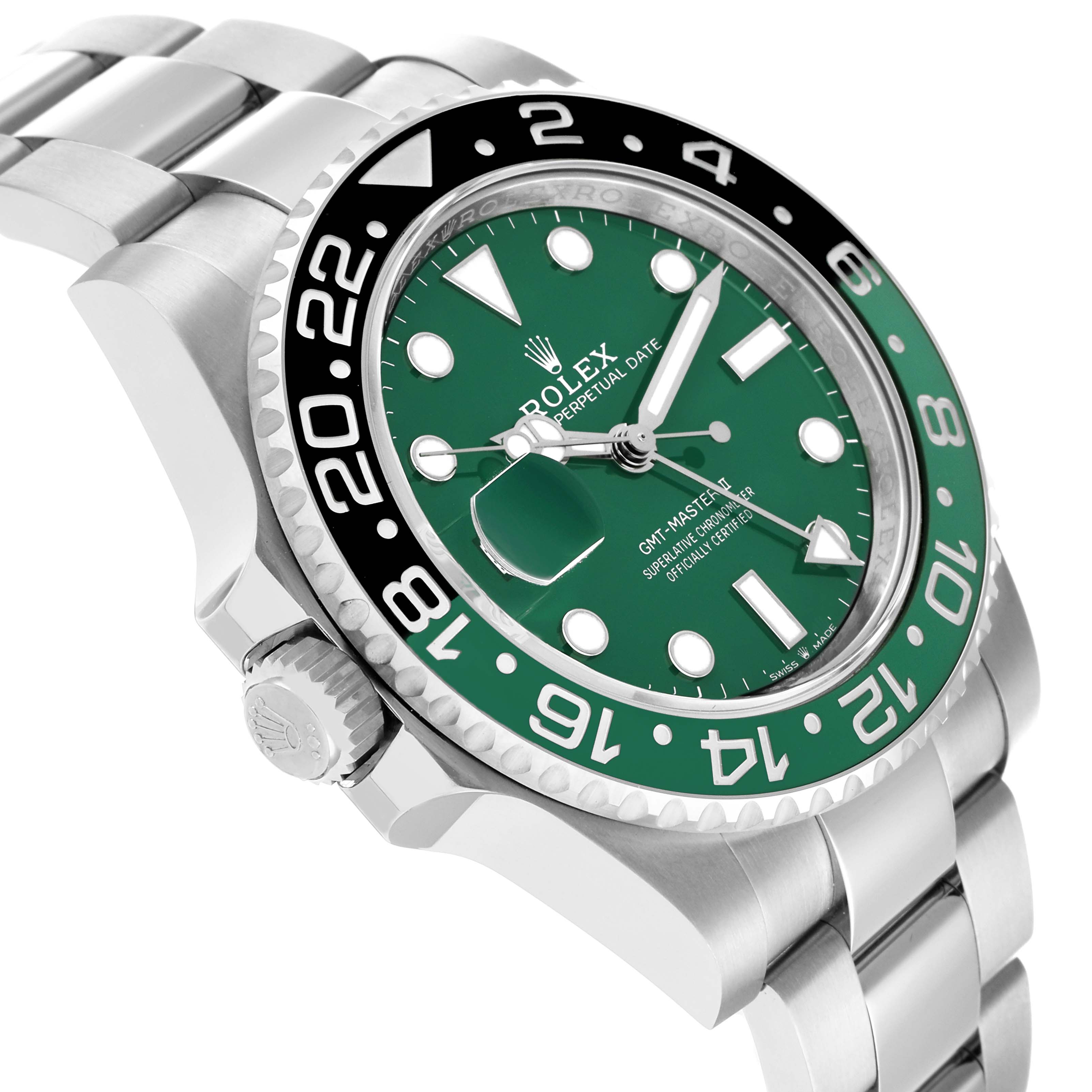 The Rolex GMT-Master 126729 Men
s White Gold Green Dial watch is shown at an angle highlighting its green dial, black bezel, crown, and part of the bracelet.