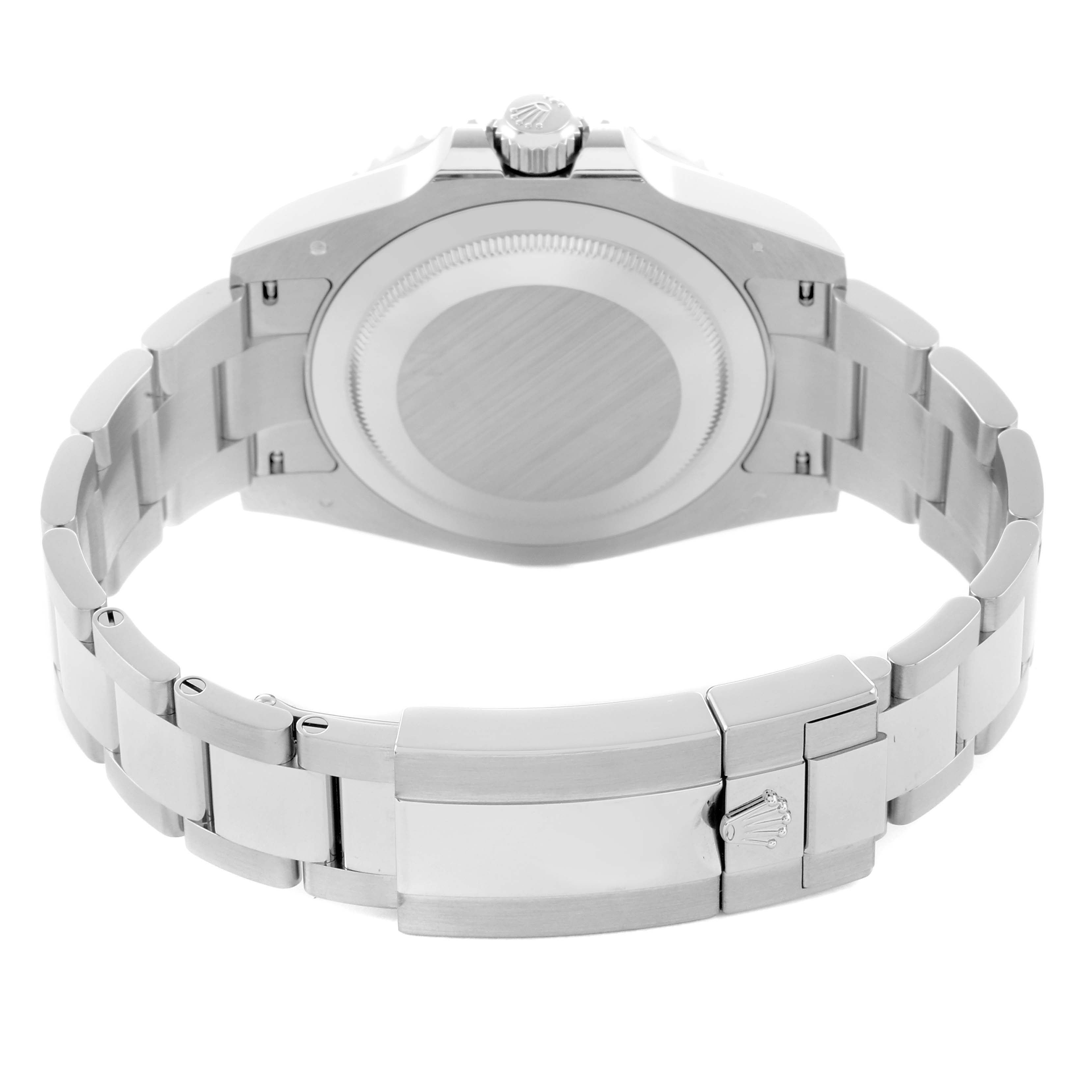 The image shows the back view of a Rolex GMT-Master 126729 Men
s White Gold Green Dial, highlighting the case back and bracelet clasp.