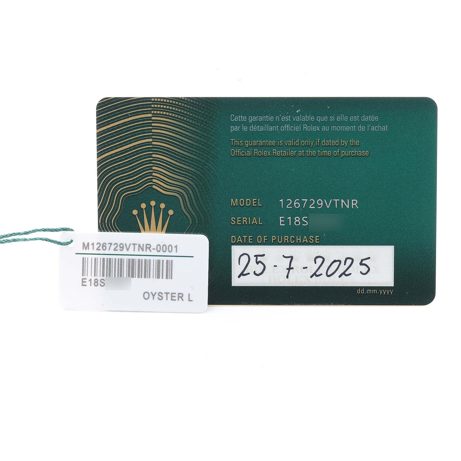 The image shows a Rolex warranty card for a GMT-Master model, displaying model, serial number, and purchase date.