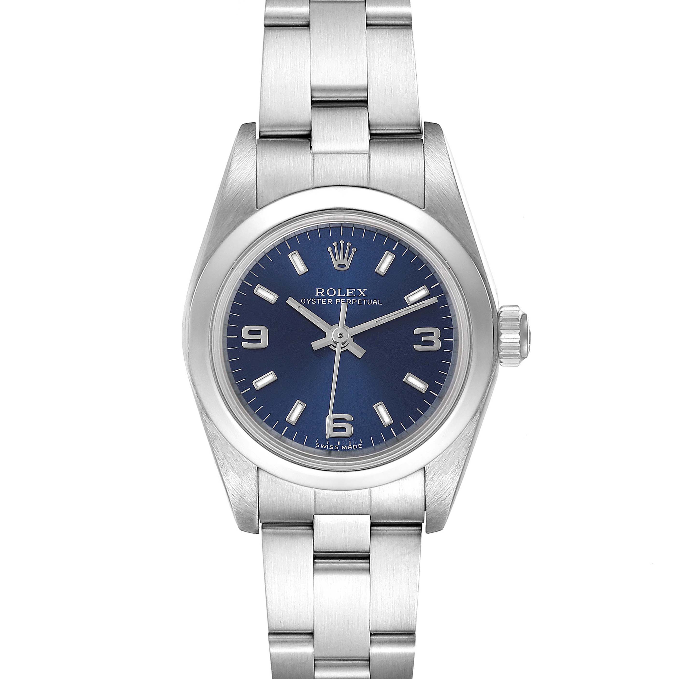 This image shows the front view of the Rolex Oyster Perpetual 76080 Women
s Stainless Steel Blue Dial 76080 Women
s Stainless Steel Blue Dial watch, including the dial, bezel, case, and bracelet.