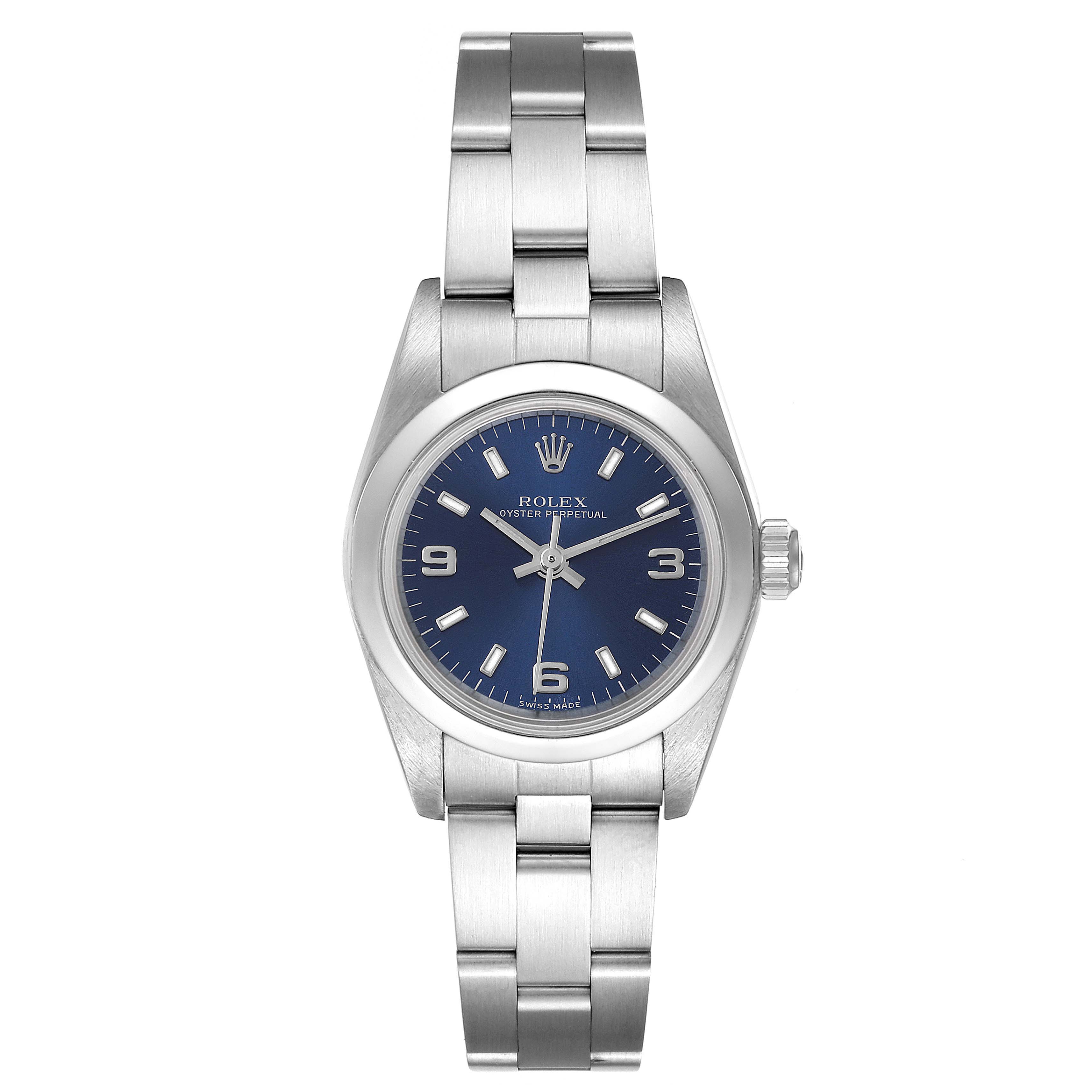 This image shows a front view of a Rolex Oyster Perpetual 76080 Women
s Stainless Steel Blue Dial 76080 Women
s Stainless Steel Blue Dial watch, displaying the face, bezel, case, and bracelet.