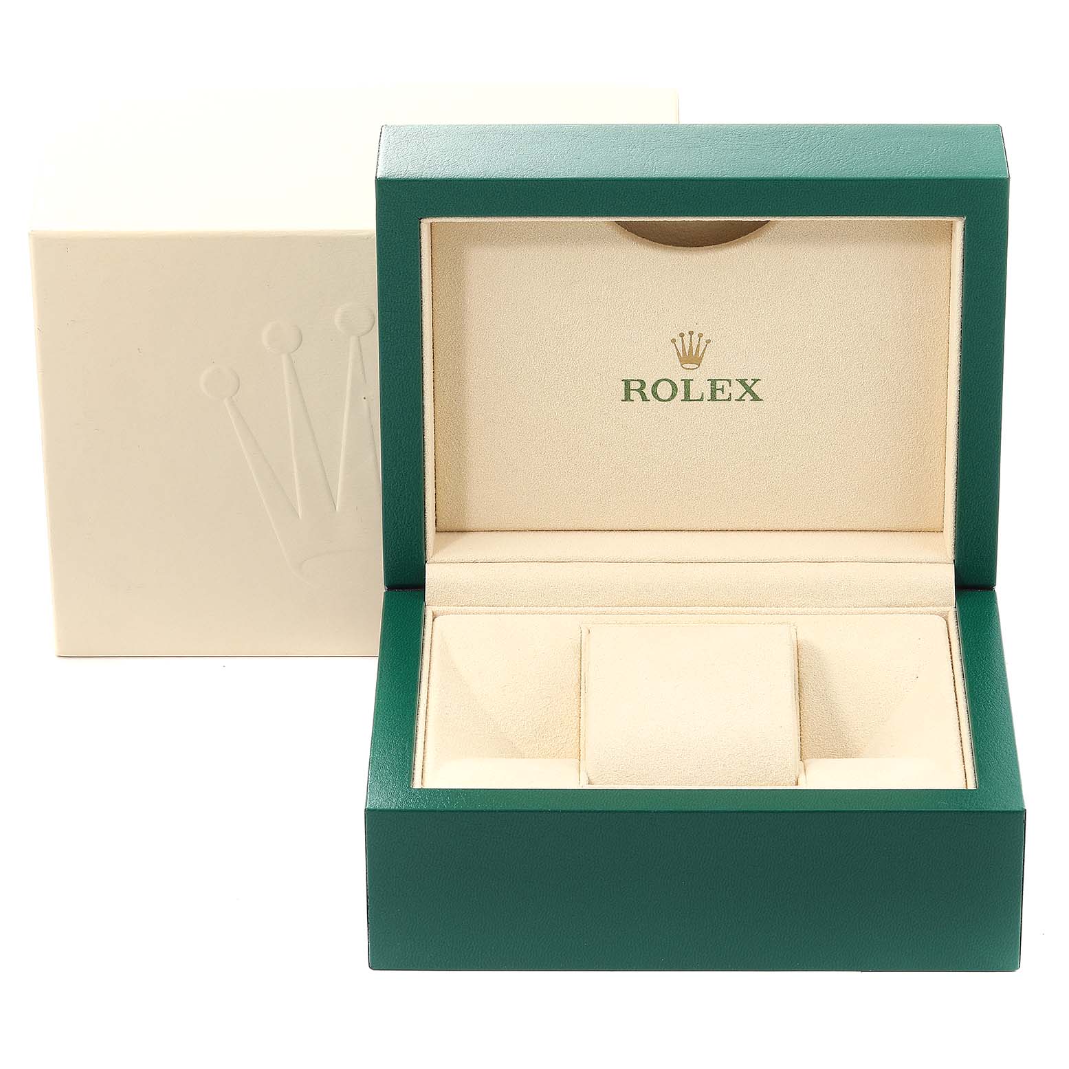 The image shows an open Rolex Oyster Perpetual 124200 Men's Stainless Steel Black Dial 124200 Men's Stainless Steel Black Dial watch box with the inner beige cushion and outer green and cream-colored packaging.