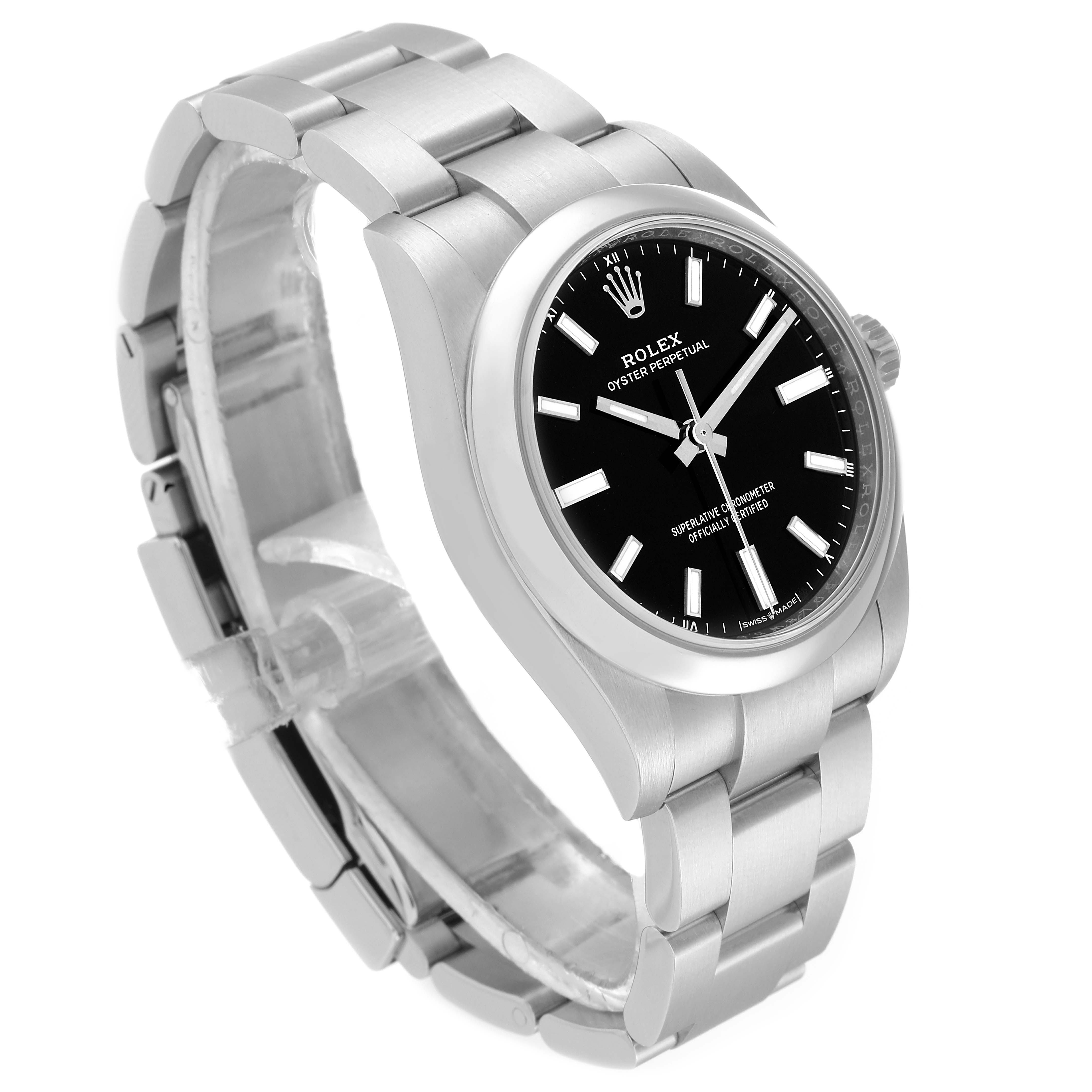 The Rolex Oyster Perpetual 124200 Men's Stainless Steel Black Dial 124200 Men's Stainless Steel Black Dial watch is shown from a slightly elevated side angle, displaying the face, bezel, and bracelet.