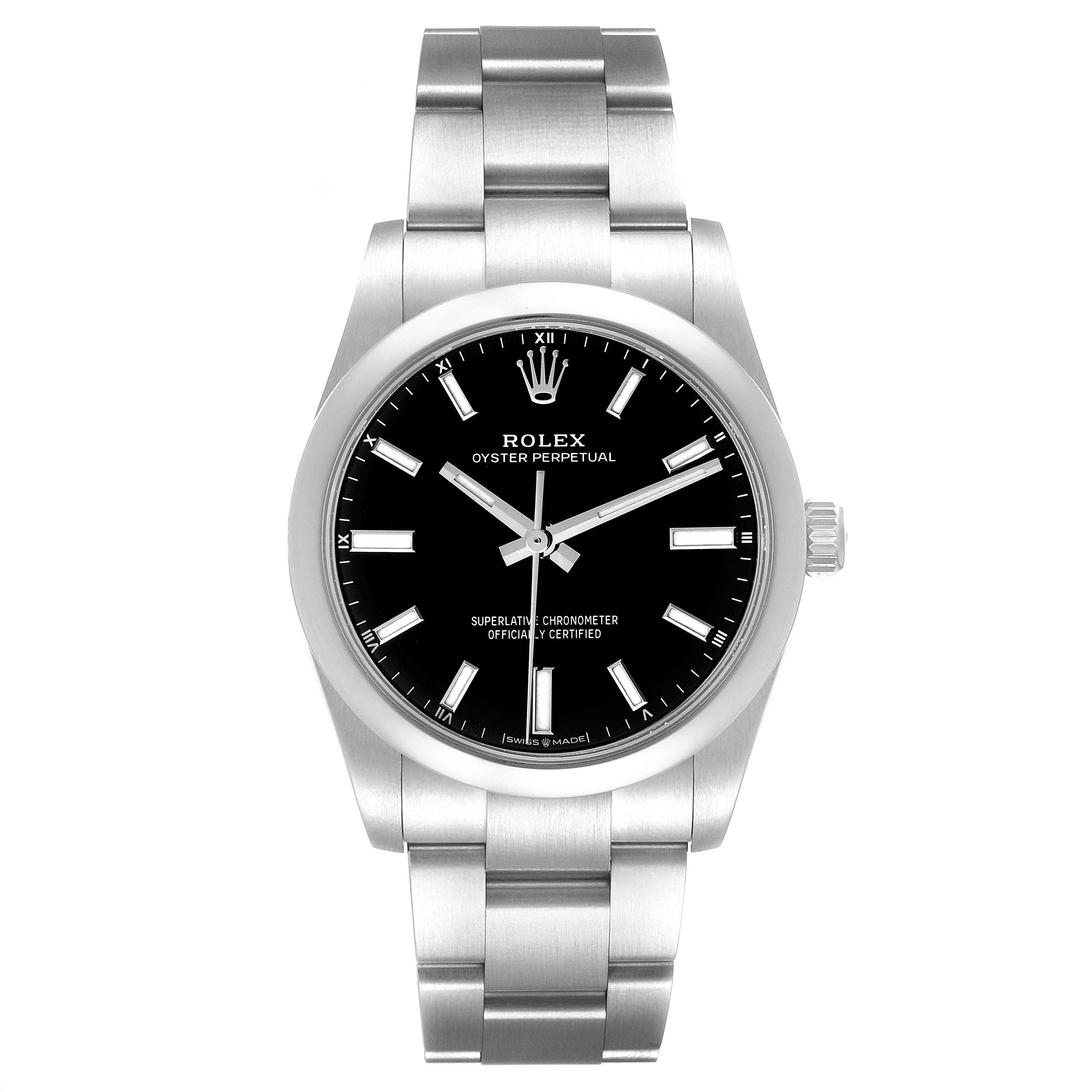 The image shows a front view of the Rolex Oyster Perpetual 124200 Men's Stainless Steel Black Dial 124200 Men's Stainless Steel Black Dial watch, displaying its face, bezel, and bracelet.