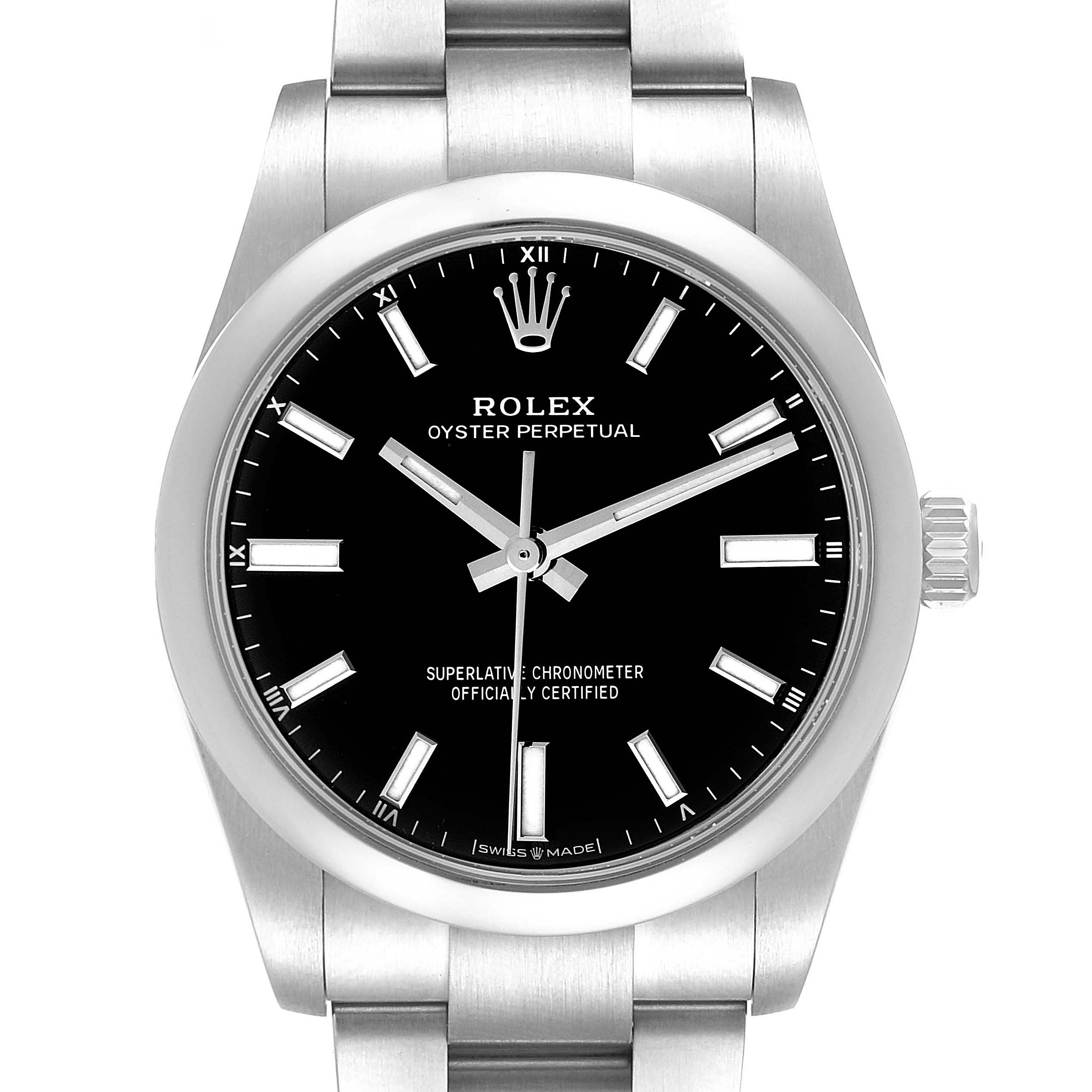 The image shows the front view of a Rolex Oyster Perpetual 124200 Men's Stainless Steel Black Dial 124200 Men's Stainless Steel Black Dial watch, highlighting the dial, bezel, and bracelet.
