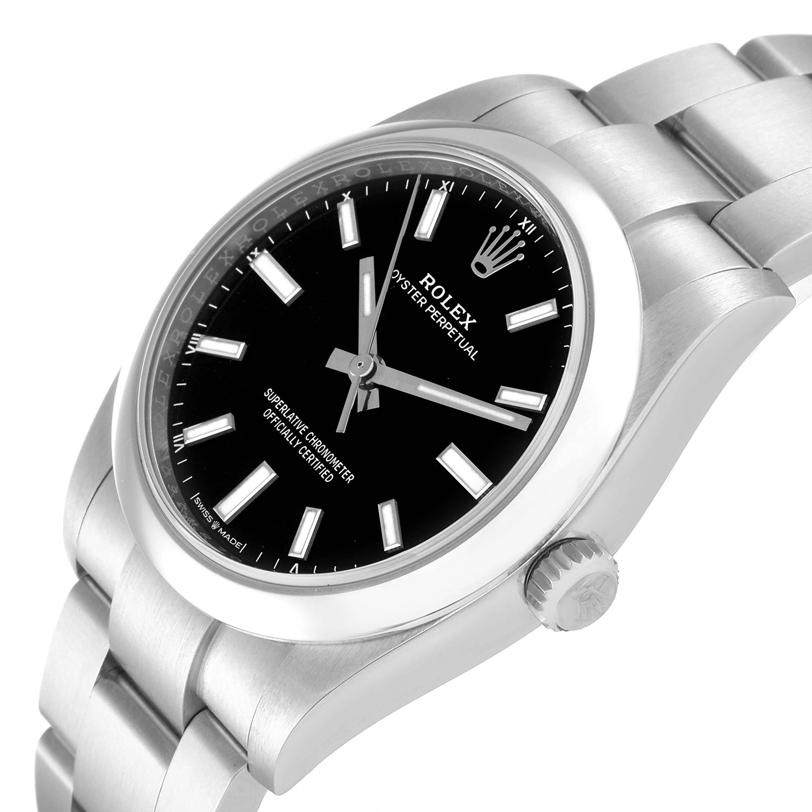 This image shows a Rolex Oyster Perpetual 124200 Men's Stainless Steel Black Dial 124200 Men's Stainless Steel Black Dial watch at a right-side angle, displaying its face, case, crown, and parts of the bracelet.