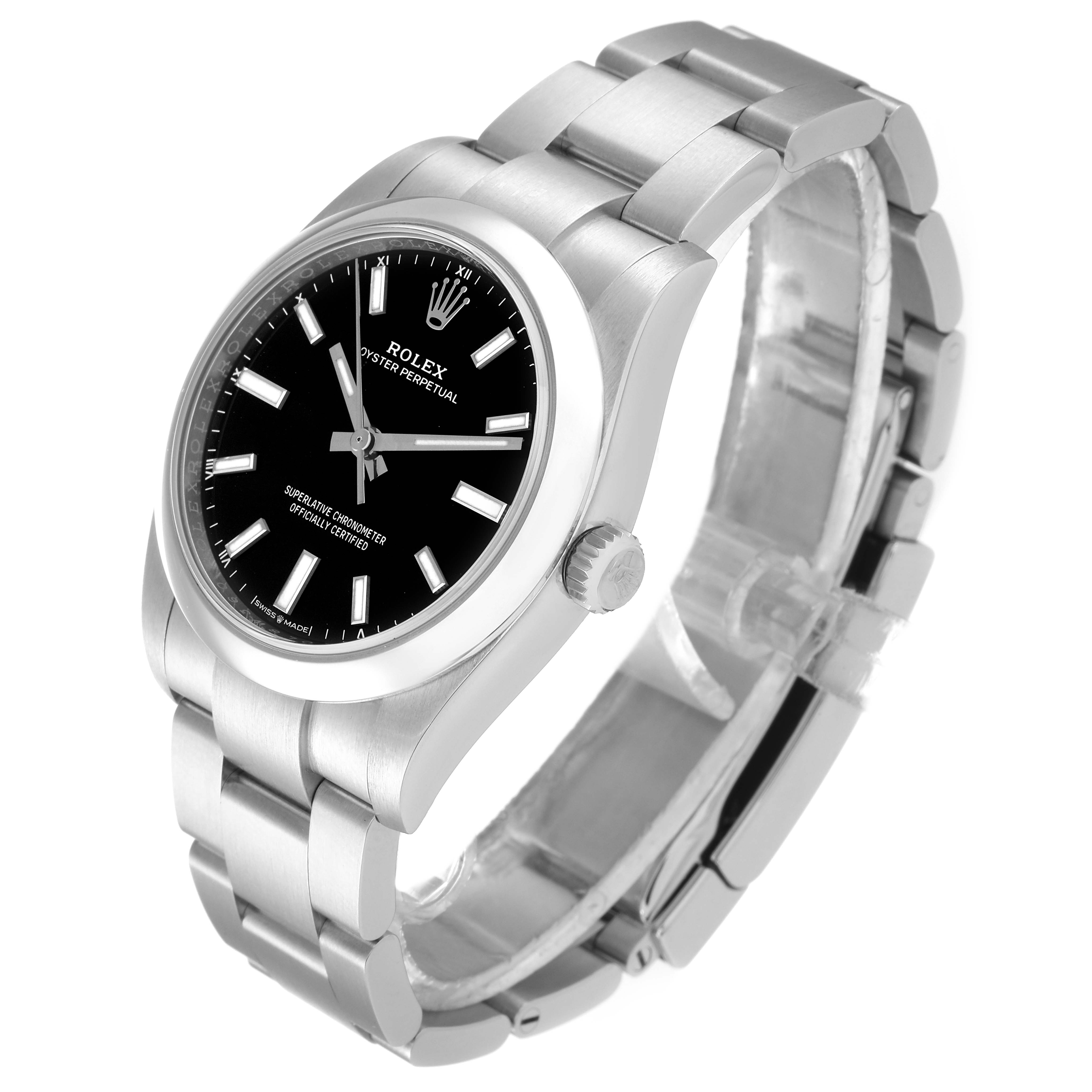 The Rolex Oyster Perpetual 124200 Men's Stainless Steel Black Dial 124200 Men's Stainless Steel Black Dial watch is shown from an angled side view, displaying its face, bracelet, and crown.