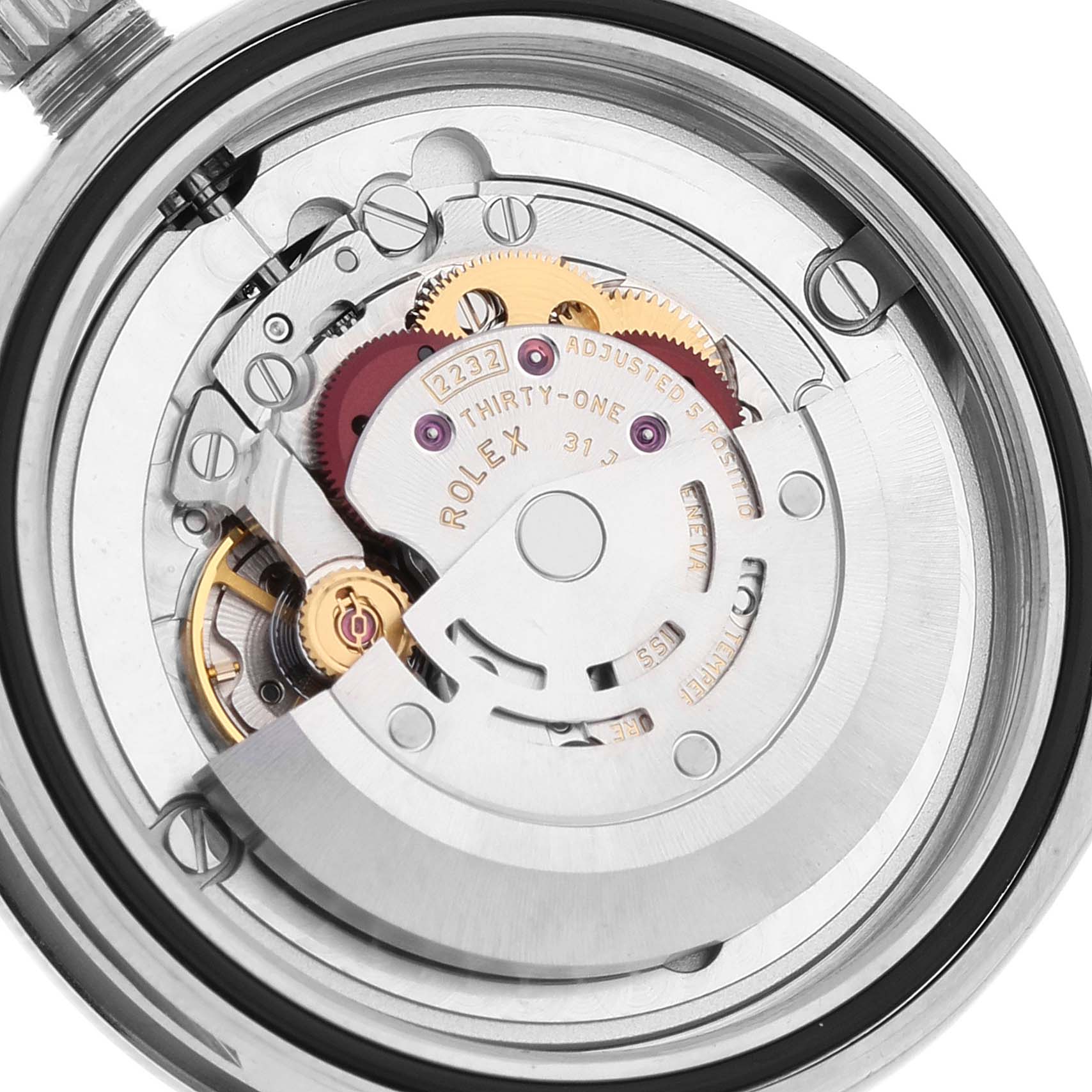 This image shows the internal mechanism and movement of the Rolex Oyster Perpetual 124200 Men's Stainless Steel Black Dial 124200 Men's Stainless Steel Black Dial watch from a rear angle.
