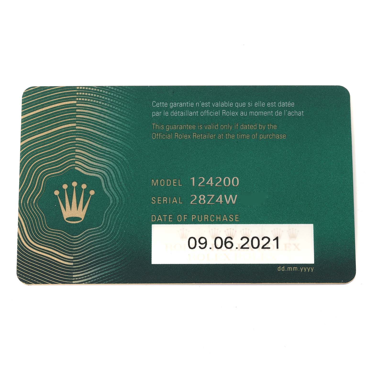 This image shows a warranty card for a Rolex Oyster Perpetual 124200 Men's Stainless Steel Blue Dial 124200 Men's Stainless Steel Blue Dial model 124200, including its serial number and purchase date.
