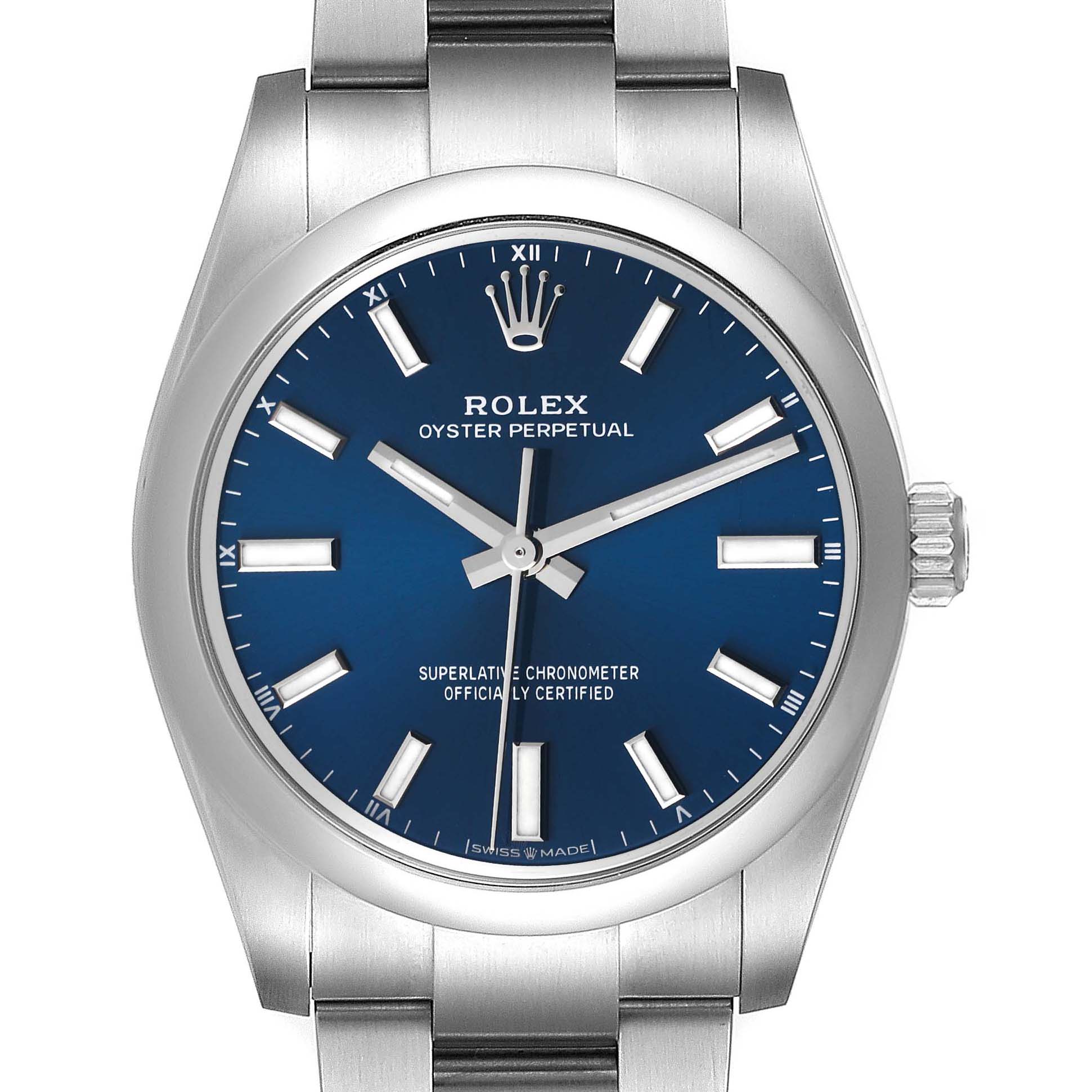 The image shows a Rolex Oyster Perpetual 124200 Men's Stainless Steel Blue Dial 124200 Men's Stainless Steel Blue Dial watch from a front angle, highlighting the watch face, crown, and part of the bracelet.