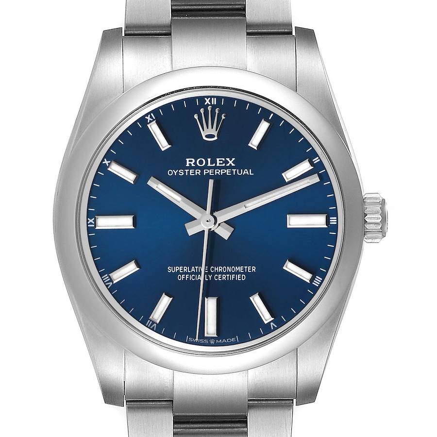 Rolex Oyster Perpetual 34mm Blue Dial Steel Mens Watch 124200 Unworn SwissWatchExpo